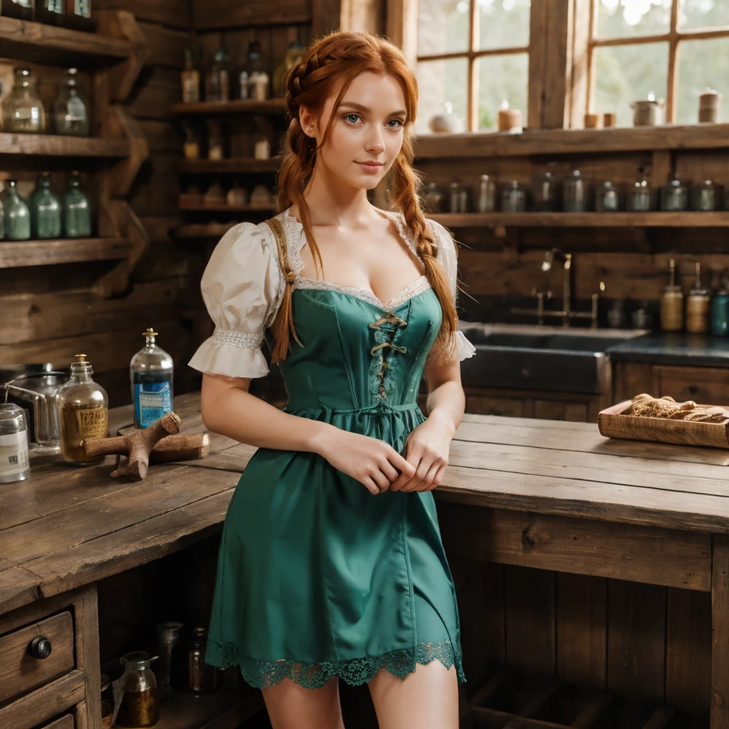 beautiful girl, age 30, ginger hair, skinny, thin, tall, green eyes, wearing short blue patchwork detailed medieval dress with lace trim, small waist, round butt, thigh gap, brown boots, small breasts, cleavage, thick braided hair in a bun, standing by a work bench, in a wooden medieval cottage, glowing magic potions on shelves, chemistry equipment, facing camera, anatomically correct, textured skin, award winning, highres, 8k, sunlight, (full body shot)