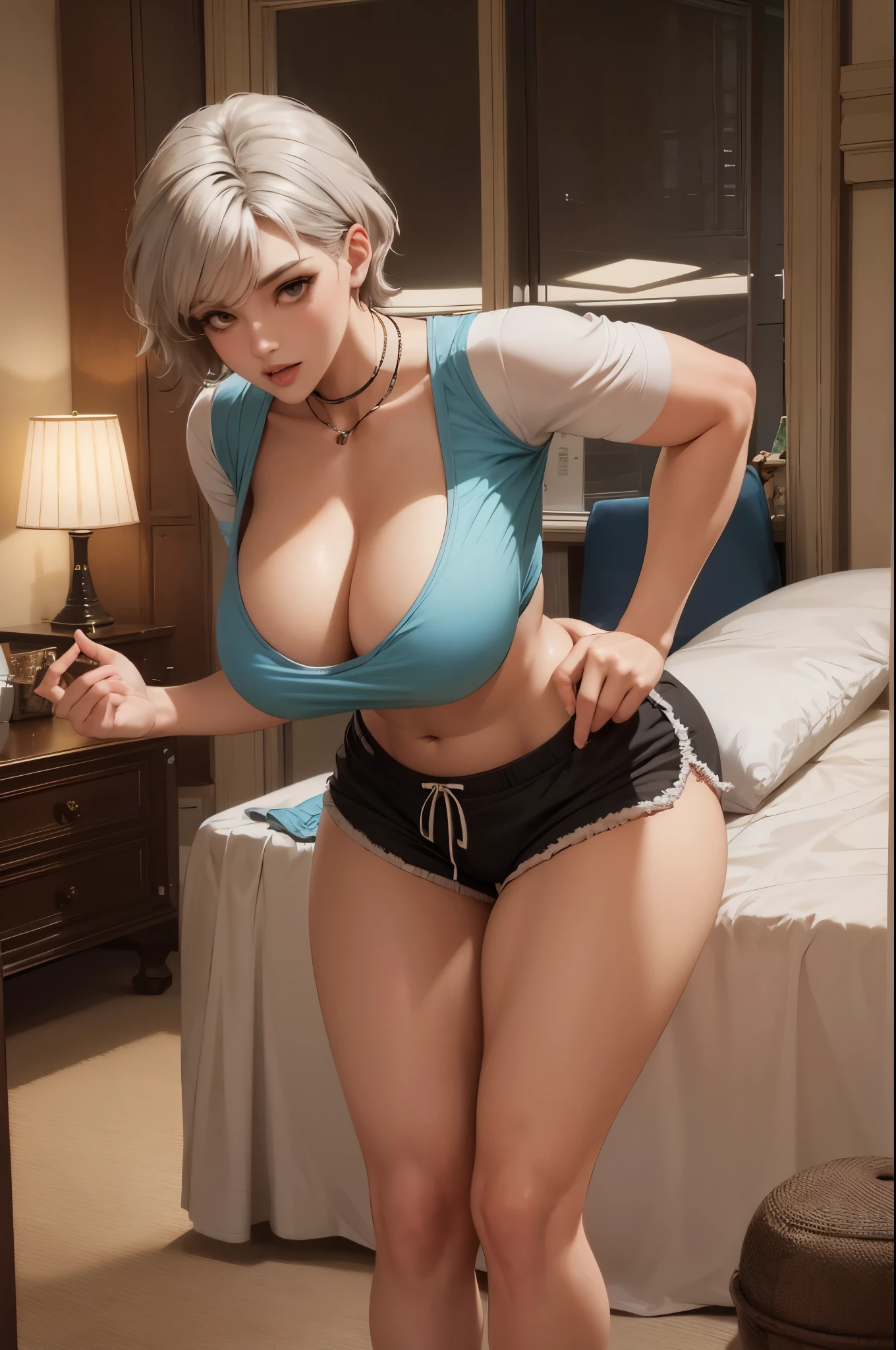 milf, 1girl, large breasts, gigantic breasts, huge breasts, heavy breasts, short hair, silver hair, light skinned female, orange eyes, large ass, Curvilinear waist, looking at the viewer, flushed face, full breasts, breasts larger than head, curvy female, curvilinear waist, mature female, mature face, leaving the bedroom, pov oppening a bedroom door, pov vision, muscular body, abs, muscular female, muscular thighs, dolphin shorts, knotted shirt, Panty straps visible, With your hands on your hips