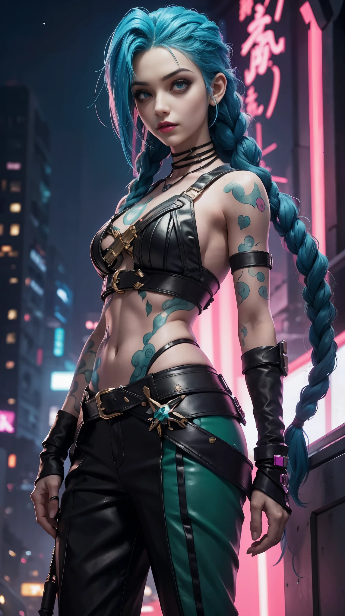 ((Best Quality)), ((Masterpiece)), (Detailed: 1.4), 3D, cyberpunk,shaved half head,half long hair blue color, a beautiful woman with big topless breasts,cyberpunk Ripperdoc with cybernetic limbs, with extremely sexy cosplay, thong, sideboob, glasses,tattoo,back view,   
 crop top,  underboob,  show