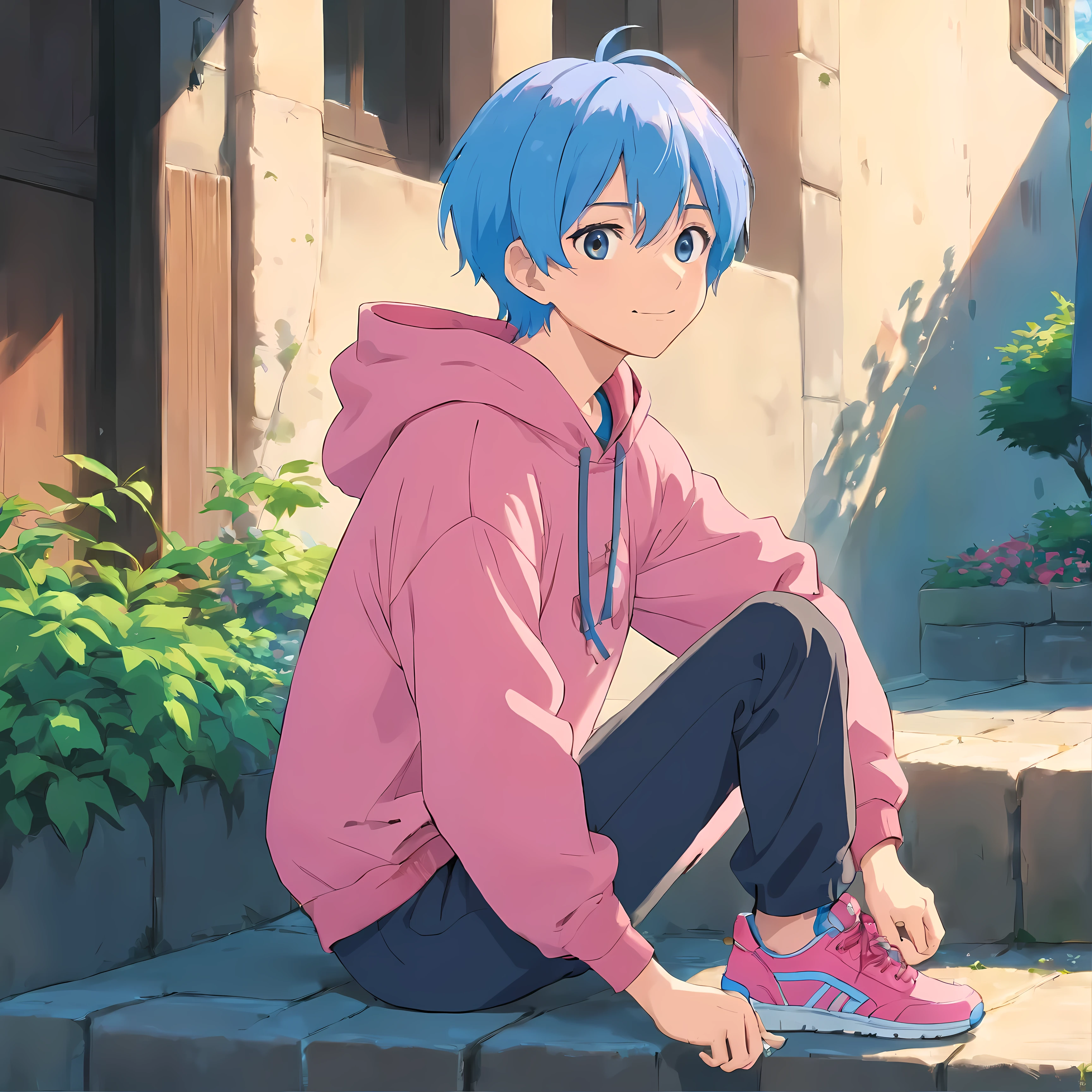 male:1.4、anime characters、((very short hair、2colored hair色、blue and pink2colored hair))、(Pink sneakers、blue hooded hoodie、Black skinny pants)、smile、whole body、sitting、(highest quality,4K,8K,High resolution,masterpiece:1.2)、cool young man、male、the background is white