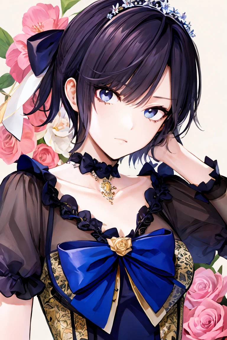 shoujo-style, jk style, (floral background), romance manhwa, (nagisa), 1girl, solo, short hair, flower, dress, tiara, white dress, gloves, long sleeves, choker, mascara, makeup, white gloves, black bow, black flower, bow, jewelry, looking at viewer, collarbone, puffy sleeves, silver accessories, upper body, bangs, blue dress, frills, closed mouth, detailed eyes