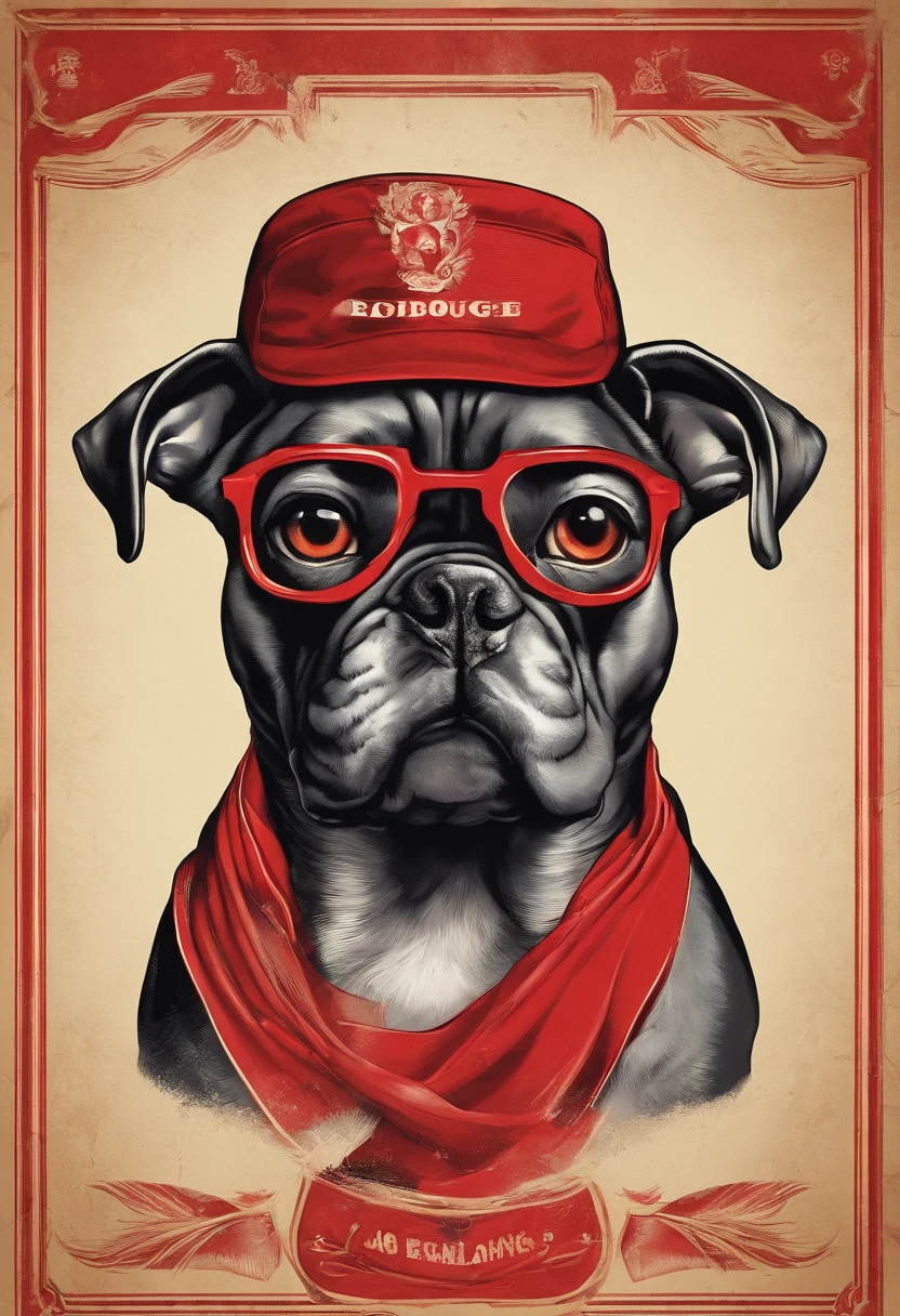 Esqueleto de BULDOGUE, he wears a red bandana around his neck, Fashion glasses, famous brand cap, cartazes, planfetos, adesivos, propaganda, revista.