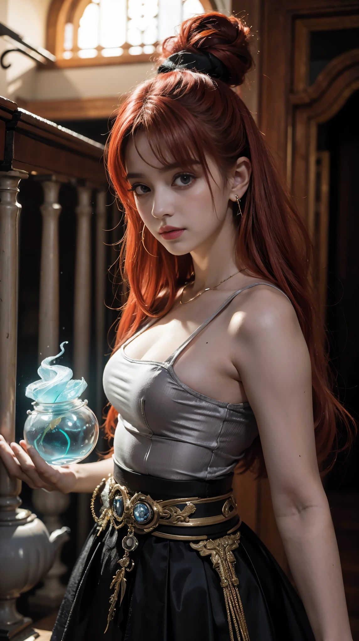 uma mulher com cabelo vermelho, mulher cyberpunk mulher, um lugar escuro, Deusa cyberpunk raivosa bonita, estilo de arte cyberpunk, arte digital de anime cyberpunk, arte de anime cyberpunk,, fotorrealismo, , Blossom, com cabelos ruivos, vestido vermelho, olhos azuis, brilhante, Florpunk, samuraipunk, iridescente, bioluminescente, tatuagempunk, Hyper - Detalhado Vibrant Cinematic Raking Light, atordoante, garota de cabelo vermelho, Subsurface scattering, garota de cabelo vermelho, cabelo vermelho, garota de cabelo vermelho, garota bonita, Ambient occlusion, chromatic aberration, 8k, Sozinha, gothic skirt, olhos azuis, girl in front of a mansion/floresta, garota com pose de modelo, usa fones de ouvido, Magic Air, Cabelo longo, aura magica, fantasmas, ela usa Saia plissada, Camisa preta, Interior ((Caustic)), dynamic angle, Lindo brilho detalhado, todo o corpo, luz neon, Pirotecnia, girl in front of a mansion/floresta, garota com pose de modelo, usa fones de ouvido, garota de cabelo mechas coloridas no cabelo. Luzes cintilantes em volta da garota, esfera cintilantes, uma garota na floresta, esfera de luz, magical aura Supernatural, hora Sobrenatural, magic aura magic