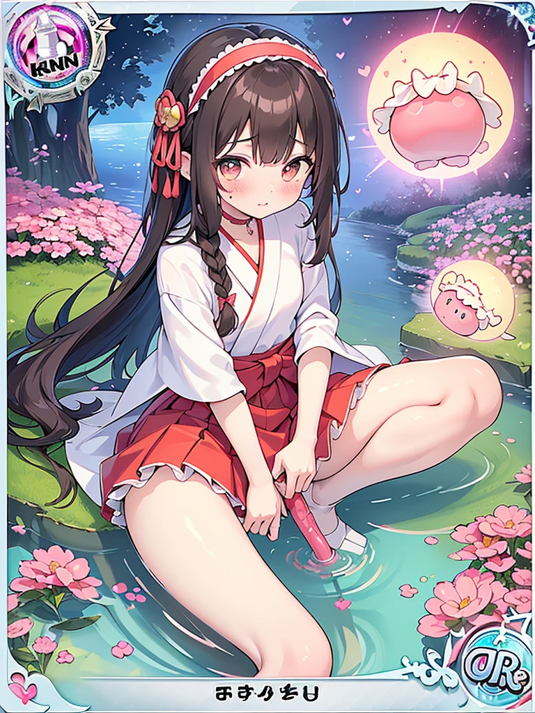 (Fox Girl, Fox Ears, Black colored hair, Fox Makeup, One Girl, Long Hair:1.6), (kimono, Kimono with open chest, A beautiful kimono with red and black patterns, I can see her cleavage, Open chest, Exposed skin:1.8), (Body measurements are 75-60-75!, Young girl body, Small breasts, Small breasts, Emphasize the chest, Knees are slightly visible, Muscular, Abdominal muscles, Hide your own chest with your hands:1.9), Avatar, face, lewd face, Dominant representation, naughty face, Uplifting, Skin Texture, outside, Grassy field