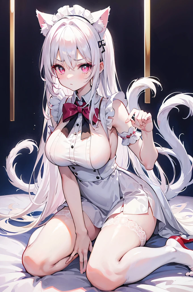 big breasts,Wearing maid outfit,blush, surprise,look at me,red pupils,Lace tights,beautiful hair、 beautiful eyes、 beautiful skin、beautiful legs、beautiful arms、perfect fingers、 very cute,white hair, long hair,white cat ears, white cat tail,best quality,high resolution,top quality、 looking at the audience,sitting,kneeling&Place on the bed,Knees together,internal figure eight,Beautiful girl alone,pink bows,slender eyebrows,hair slightly moist,On a very large white bed, white pillows,perfect waist