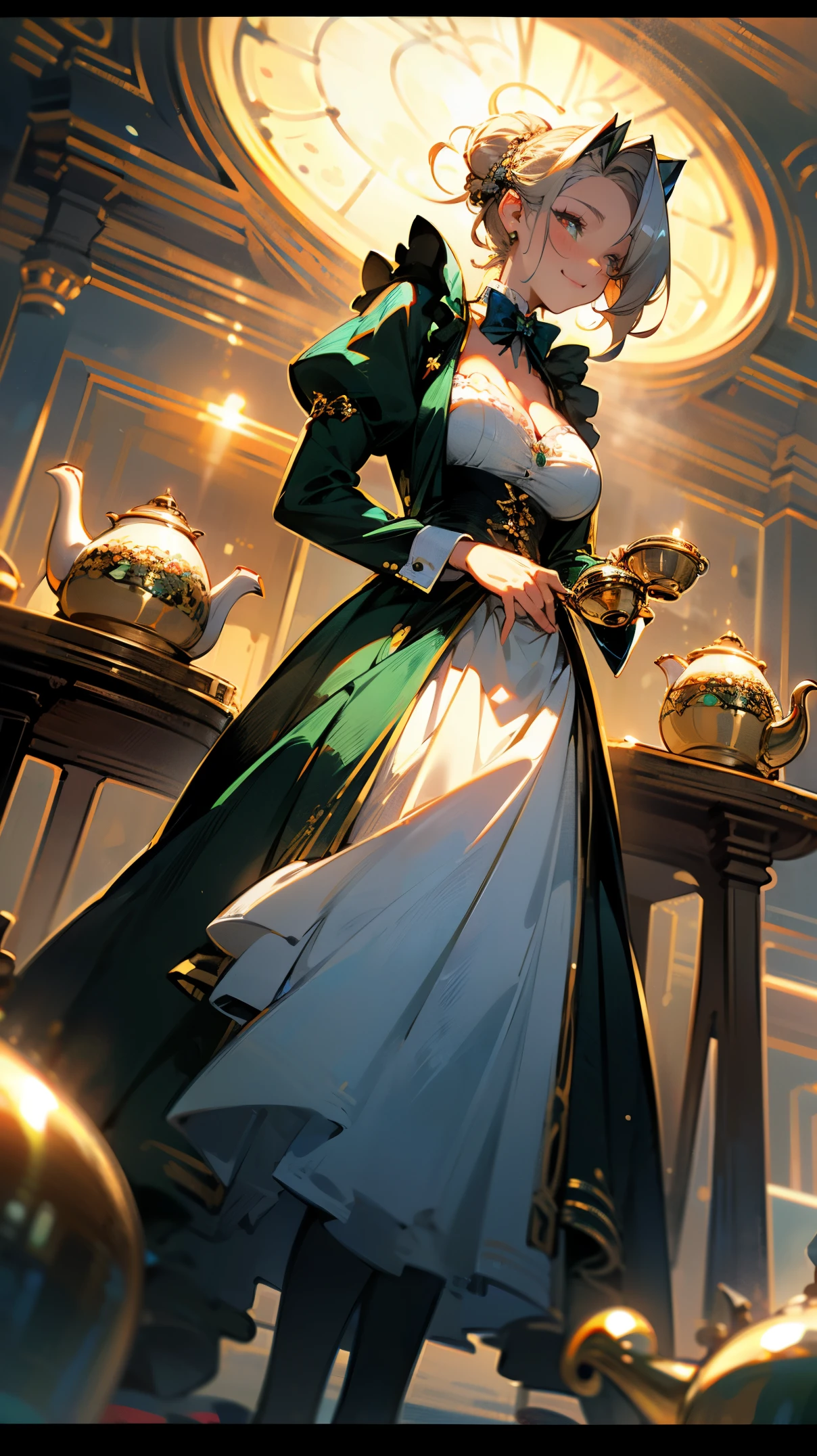 (best quality, masterpiece), (ultra high resolution, 8K RAW photo, photo realistics:1.5, cinematic lighting, textile shading, thin outline, clear focus:1.2), Beautuful Matured woman preparing tea_party in the garden, standing by the round table, (pouring tea into a cup from a tea-pot:1.2), leaning forward, (meisen's tea set, tea pot, tea cups, some cakes on dish), delicate and classy British style white table with gold accents and royal_blue, (wearing dark-green maid uniform:1.5, breast cleavage, green maid costume:1.2, long flare skirts, apron, bow ties on the chest), long tall sally, long legs, white hair, (wearing thin-flame glasses:1.2), (milf:1.5, 28 years old, solo), (large breast, sagging breast, big tits, narrow waist), full bodyesbian, (medium short white hair, hair over one eye, (updo hair:1.2), side lock, asymmetric hair, wavy hair), (fine bright pupils, high detailed eyes with highlight:1.3, high detailed face, Perfect face shape, eye rush), (happy smiling, half-closing eyes:1.2), (looking at viewers:1.3), (dutch angle, full body:0.3, from below:1.2), ((correct anatomy:1.5, correct hands)), (ideal ratio of body proportions), (outdoor:1.2, grass field),
