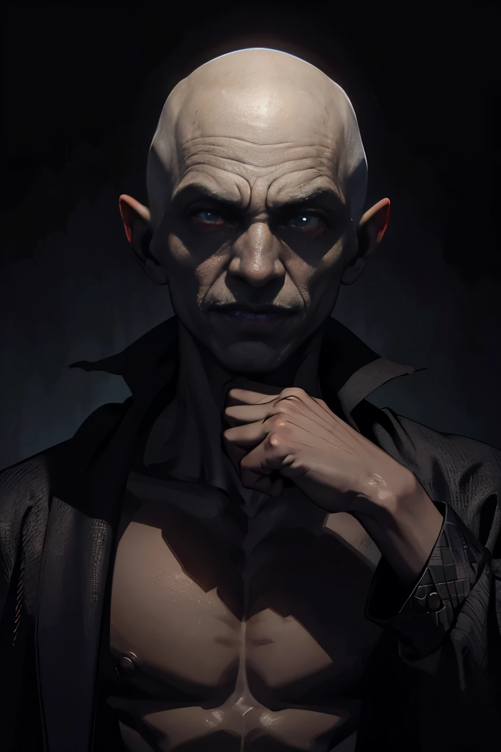 "(fechar potrait), tema sombrio, estilo moderno, (((1 homem de 30 anos))) wearing a black suit and black dress pants, atletico forte, with a serious expression, ((careca)), corpo. A cena se passa em uma biblioteca modernaa noite, com muitos livros em estantes, emphasizing pale skin and bright yellow eyes."