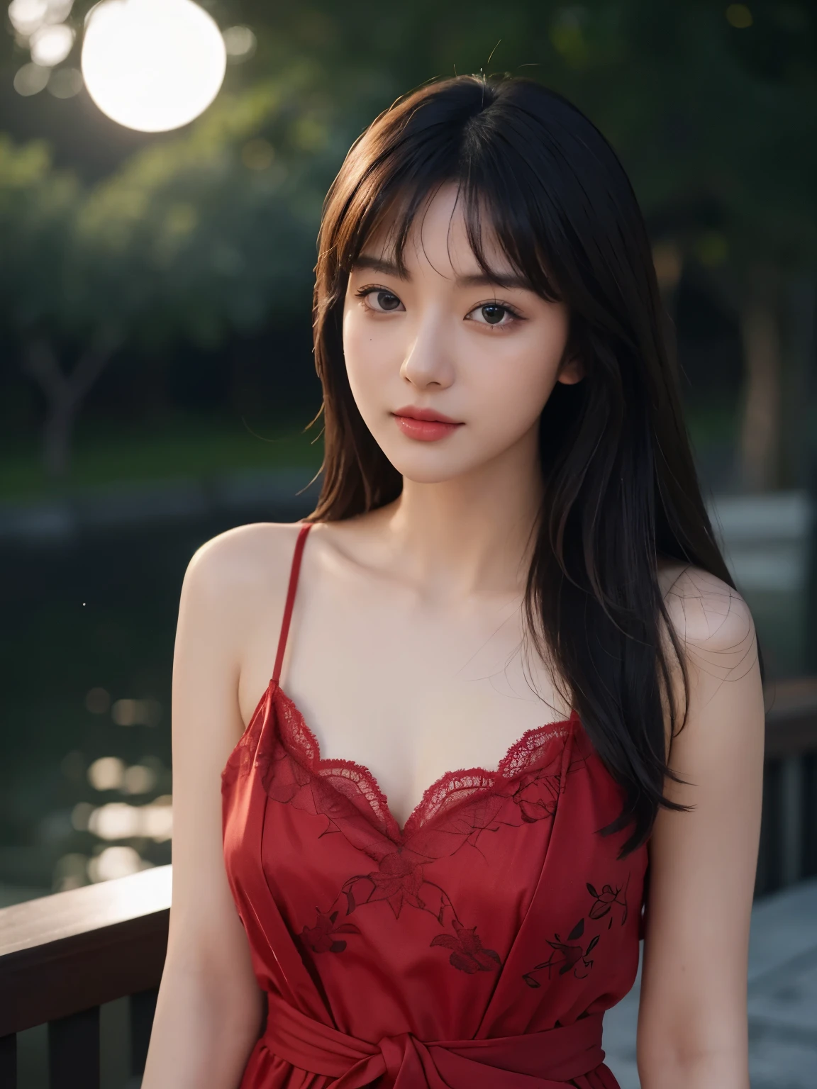 tmasterpiece, Best Picture Quality, high high quality, Sweet woman, chineseidol, Popular Korean makeup, A detailed, Swollen eyes, Detailed eyes, Detailed skins, Beautiful skins, 超A high resolution, (Realistis: 1.4), is very beautiful, Slightly younger face, Beautiful skins, slim, (Ultra photo realsisim), (illustratio), (A high resolution), (8K), (The is very detailed) (Most Best Illustration), (Beautiful detailed eyes), (超詳細), (the wallpaper), (A detailed的脸), looking at viewert, finely detailled, A detailed的脸,pureerosfaceace_v1,ssmile,Staring straight ahead,Staring straight ahead,From the angle of waist up,photograph of-realistic,Bright lights,profesional lighting,brunette color hair(some of hair part green),long whitr hair,Dark ruins,Big Red Moon,Gorgeous red and black dress,Mature woman,Long fashion bangs,