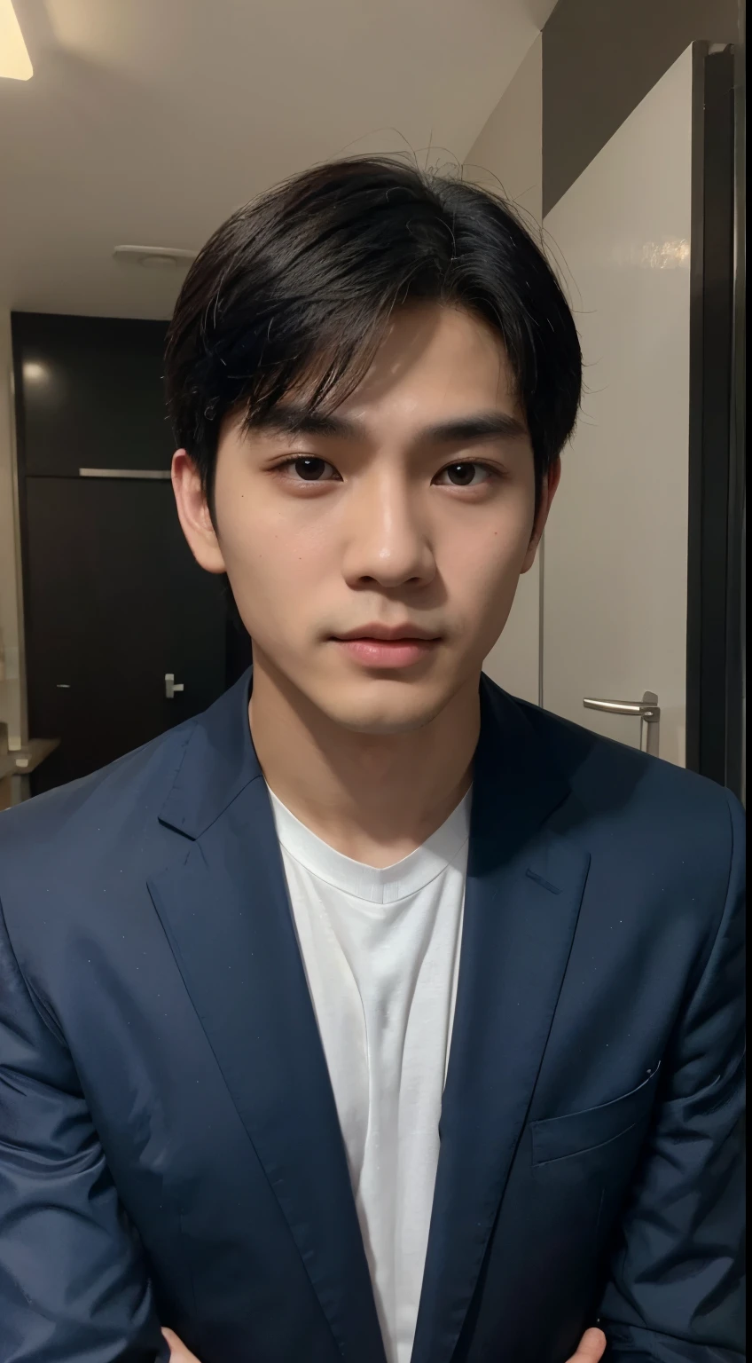 Chinese young man, 18 years old, Xiao Zhan, handsome, good figure, big muscles, black hair, bright black eyes, narrow eyes, prominent nose, thin lips, 180 cm tall, wearing a blue men's suit, good figure, wearing long blue pants. The face is detailed and sharp. Photo taken with a Canon 50k camera. White and pink skin. Face looks Asian. The real Xiao Zhan has a sharp face.
