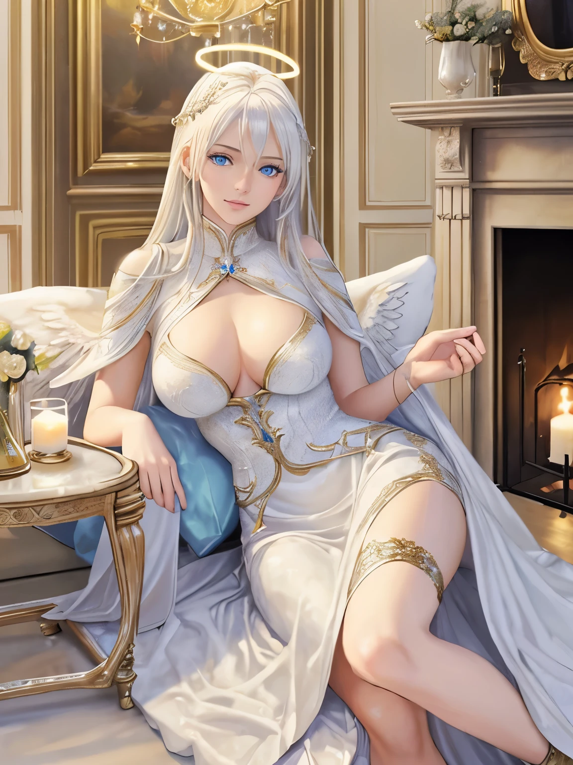 (hyperrealistic), candlelight, a female angel with white wings, detailed blue eyes, white haired long deity, shiny halo, happy face, trained body, athletic, medium breasts, looking at viewer, sitting on a big cushion, in front of a fireplace