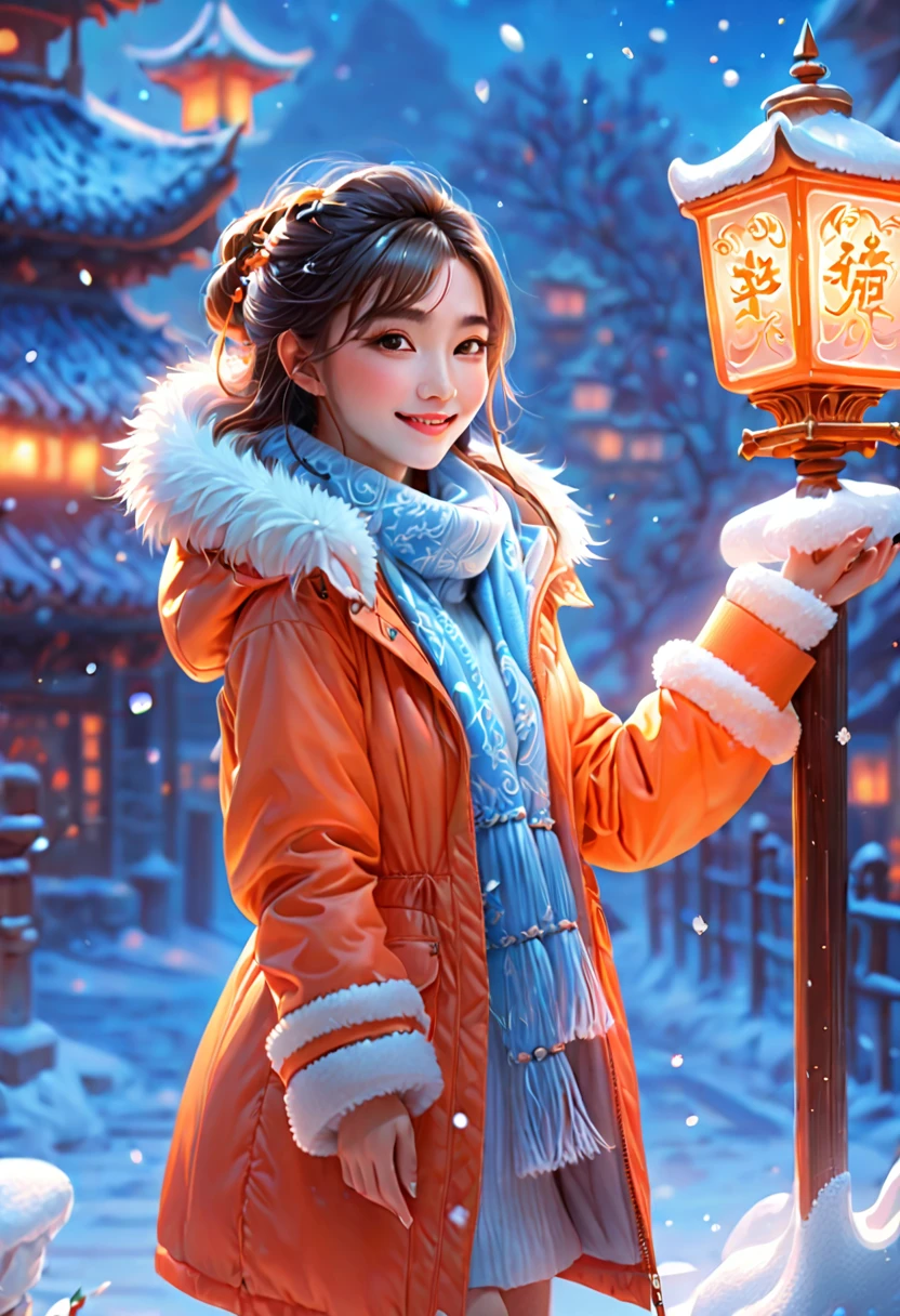 (panoramic:1.5), An imaginative and detailed illustration of a fantasy female friend, depicted as a cute and beautiful girl. Her face is lit up with a happy smile, and she is fashionably dressed in a bright orange puffer jacket. The setting is a magical ice sculpture world, with an icy, snowy landscape filled with snowflakes. The girl is a blend of wisdom, beauty, and diligence, representing a sweet and ideal character. The image is created with creative flair, showcasing the girl enjoying herself in this enchanting, frosty environment, embodying a sense of joy and wonder, , (花卉水彩画:1.5)，(超高饱和度, 色彩明亮鲜艳:1.5), (nsfw), (正面看着观众:1.5), (解剖学正确，准确完美的韩国女性脸部特征:1.5)