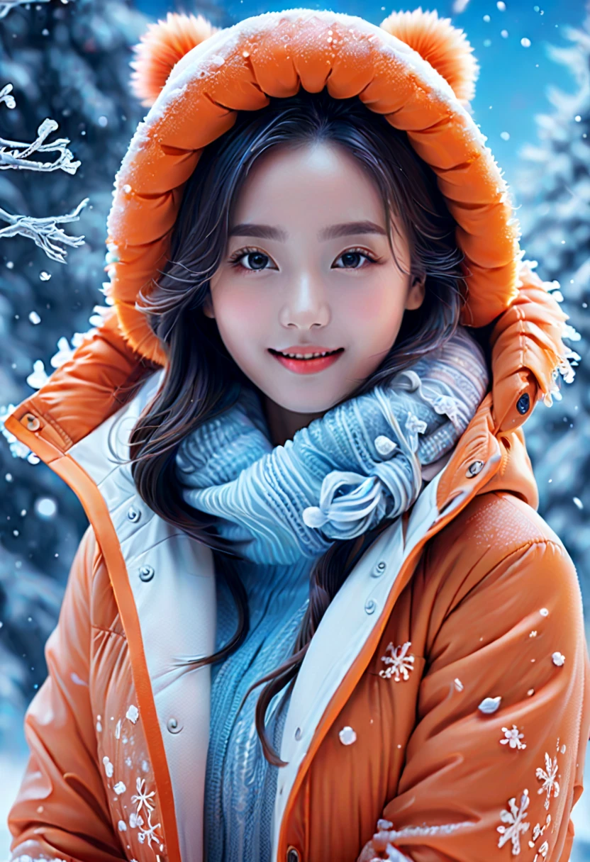 (panoramic:1.5), An imaginative and detailed illustration of a fantasy female friend, depicted as a cute and beautiful girl. Her face is lit up with a happy smile, and she is fashionably dressed in a bright orange puffer jacket. The setting is a magical ice sculpture world, with an icy, snowy landscape filled with snowflakes. The girl is a blend of wisdom, beauty, and diligence, representing a sweet and ideal character. The image is created with creative flair, showcasing the girl enjoying herself in this enchanting, frosty environment, embodying a sense of joy and wonder, , (花卉水彩画:1.5)，(超高饱和度, 色彩明亮鲜艳:1.5), (nsfw), (正面看着观众:1.5), (解剖学正确，准确完美的韩国女性脸部特征:1.5)