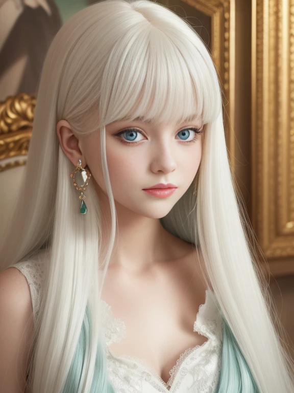 A white blonde doll with long hair and earrings,closeup of face，ssmile，adolable，Dark emerald and light aquamarine style, 32k ULTRAHD, nostalgic paintings, charming anime characters, Beautiful women, Light gold and magenta, Baroque grandeur