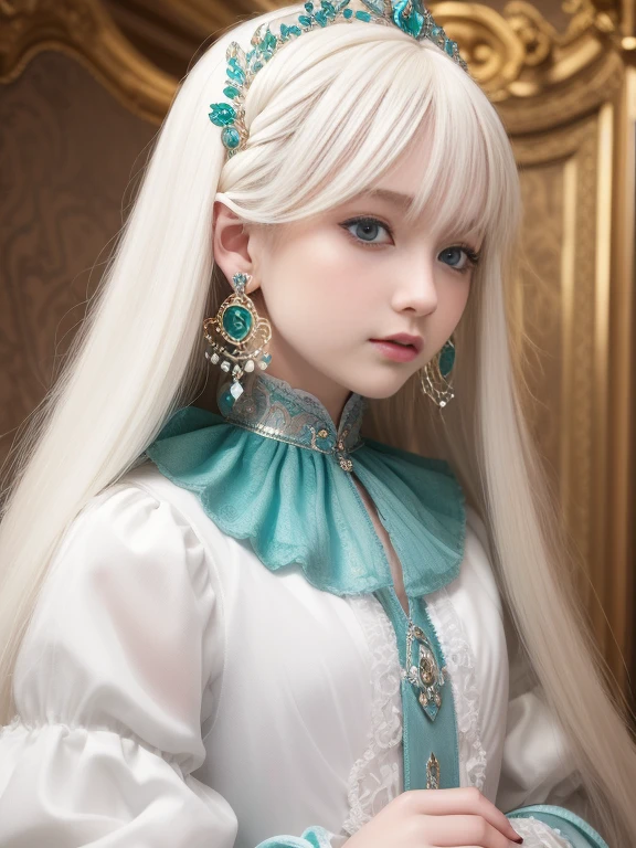 A white blonde doll with long hair and earrings,closeup of face,ssmile,adolable,Dark emerald and light aquamarine style, 32k ULTRAHD, nostalgic paintings, charming anime characters, Beautiful women, Light gold and magenta, Baroque grandeur