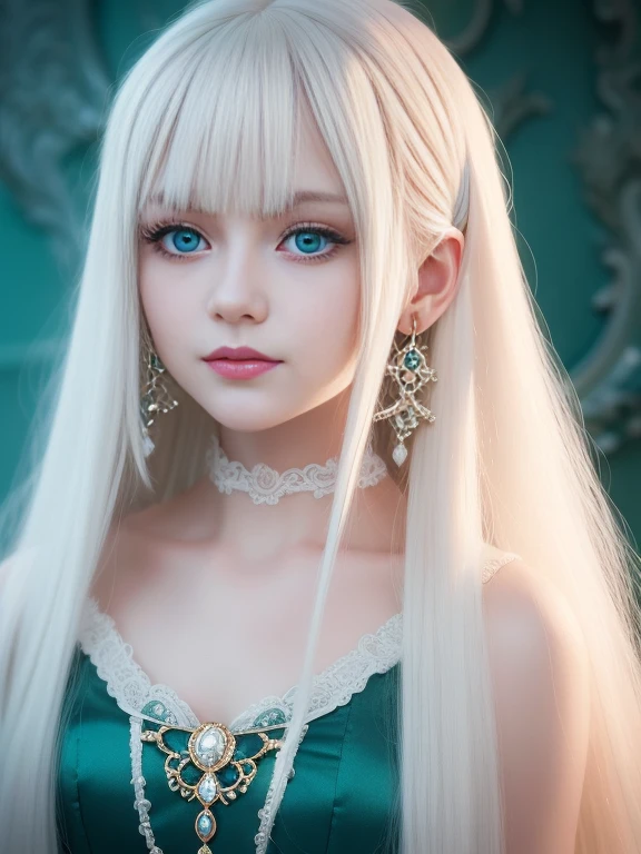 A white blonde doll with long hair and earrings,closeup of face,ssmile,adolable,Dark emerald and light aquamarine style, 32k ULTRAHD, nostalgic paintings, charming anime characters, Beautiful women, Light gold and magenta, Baroque grandeur