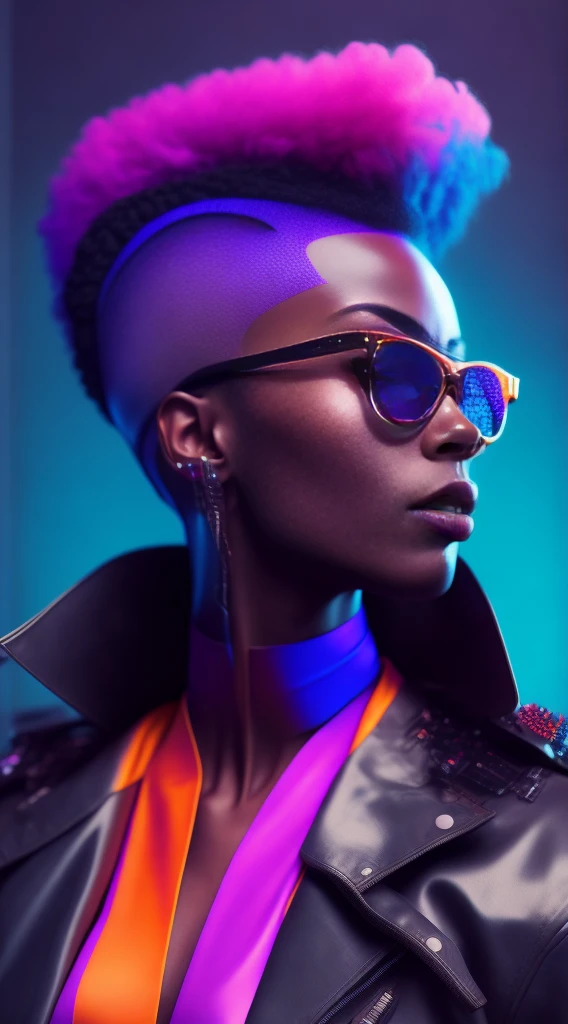 A closeup of a woman with a bright purple mohawk and sunglasses, Afrofuturism style latex punk jacket, mulher futurista da moda 4k , Afrofuturista, afro futurista, afrofuturismo, modelo bonito da mulher cyberpunk, afrofuturista, retrato futurista da mulher, alta moda cyberpunk, style hybrid mix of beeple, estilo cyberpunk hiper-realista, estilo cyberpunk ， hiper-realista, Trending Octane on CGSethance 8k.