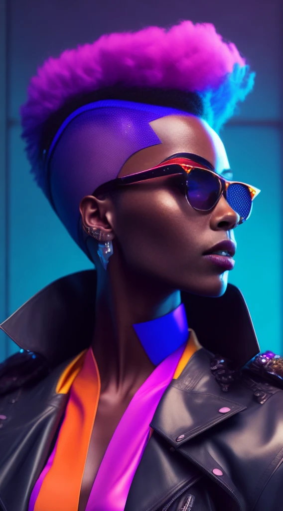 A closeup of a woman with a bright purple mohawk and sunglasses, Afrofuturism style latex punk jacket, mulher futurista da moda 4k , Afrofuturista, afro futurista, afrofuturismo, modelo bonito da mulher cyberpunk, afrofuturista, retrato futurista da mulher, alta moda cyberpunk, style hybrid mix of beeple, estilo cyberpunk hiper-realista, estilo cyberpunk ， hiper-realista, Trending Octane on CGSethance 8k.