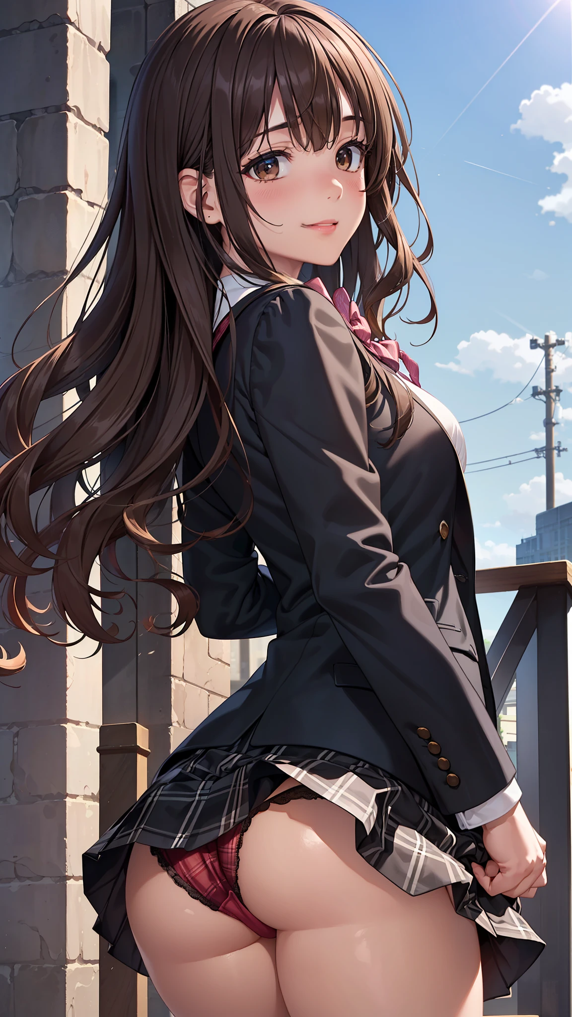 ((table top, highest quality, High resolution, perfect pixel,  4K)), 1 girl, single, alone, beautiful woman、I could see the whole body、 ((middle wavy hair, bangs, brown hair)), ((brown eyes, beautiful eyelashes, realistic eyes)), ((detailed face, blush:1.2)), ((smooth texture:0.75, realistic texture:0.65, realistic:1.1, Anime CG style)), medium breasts, dynamic angle, perfect body, transparent nipples, ((red bow tie, school uniform, black jacket, open jacket, Sheer white shirt, black skirt, plaid skirt)), City staircase、Angle looking up from the bottom of the stairs、Very embarrassing panic smile, looked back、leaning forward、(The wind flipped my skirt and exposed my butt.、Touching the buttocks with both hands、Light Pink Lace Panties)