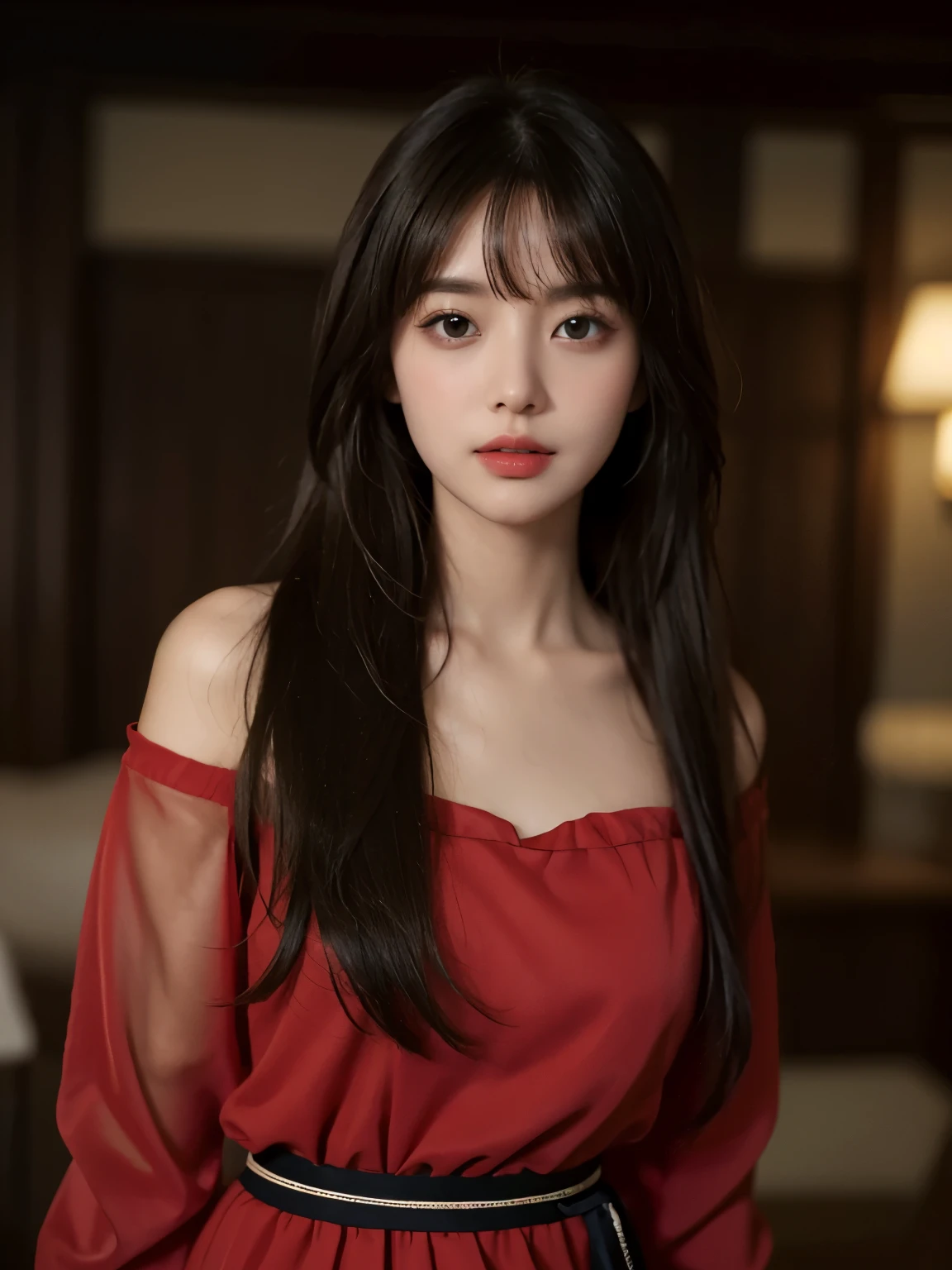 tmasterpiece, Best Picture Quality, high high quality, Sweet woman, chineseidol, Popular Korean makeup, A detailed, Swollen eyes, Detailed eyes, Detailed skins, Beautiful skins, 超A high resolution, (Realistis: 1.4), is very beautiful, Slightly younger face, Beautiful skins, slim, (Ultra photo realsisim), (illustratio), (A high resolution), (8K), (The is very detailed) (Most Best Illustration), (Beautiful detailed eyes), (超詳細), (the wallpaper), (A detailed的脸), looking at viewert, finely detailled, A detailed的脸,pureerosfaceace_v1,ssmile,Staring straight ahead,Staring straight ahead,From the angle of waist up,photograph of-realistic,Bright lights,profesional lighting,brunette color hair(some of hair part green),long whitr hair,Dark ruins,Big Red Moon,Gorgeous red and black dress,Mature woman,Long fashion bangs,