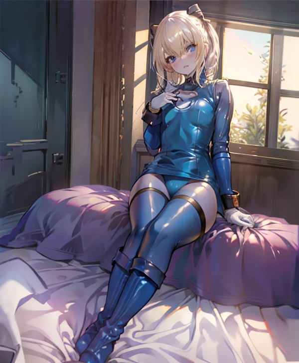 highest quality,sleep on your back in bed，Crab crotch，show me your boots，thigh high boots，leotardチラ見せ，glove，elegant, 1 girl, leotard，body suit，cute, blushed, looking at the viewer, from below, prison，blue eyes, beautiful eyes, beautiful background, particles of light, Light of the sun, dramatic lighting, outside, shiny, realistic, table top, highest quality, Super detailed, get used to it, scenery, beautiful and detailed eyes, thin hair，full body shot，