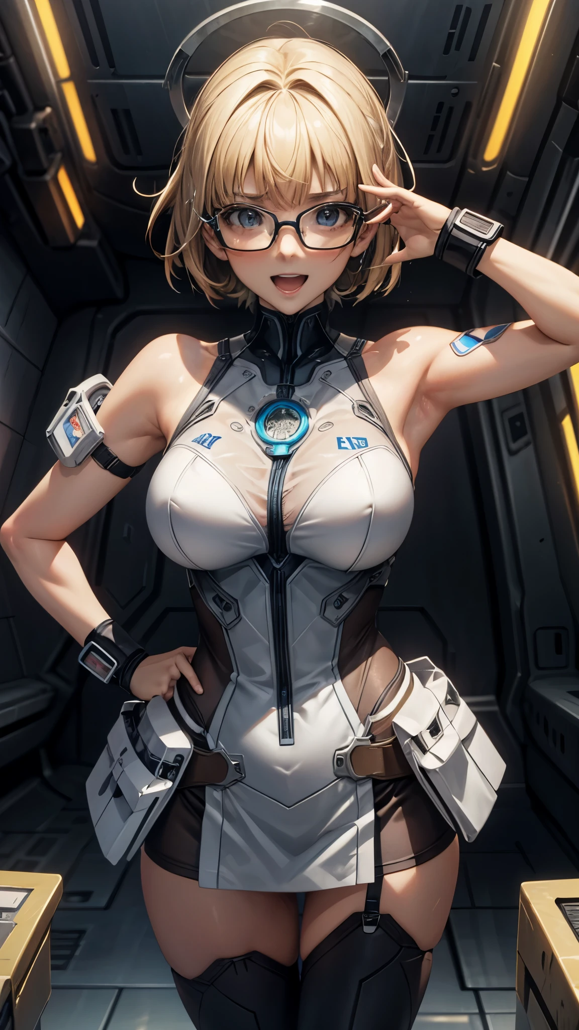 woman,20-year-old,,city,night,white tight miniskirt bodysuit,(Harada Makoto),open mouth smile,((See-through)),((blonde)),glasses