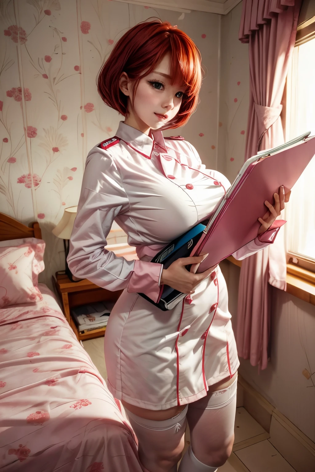 chris, 25 years old, (Redhead shortcuts:1.5), light pink nurse's uniform, white pantyhose, having clipboard tall, beautiful woman, giga_busty