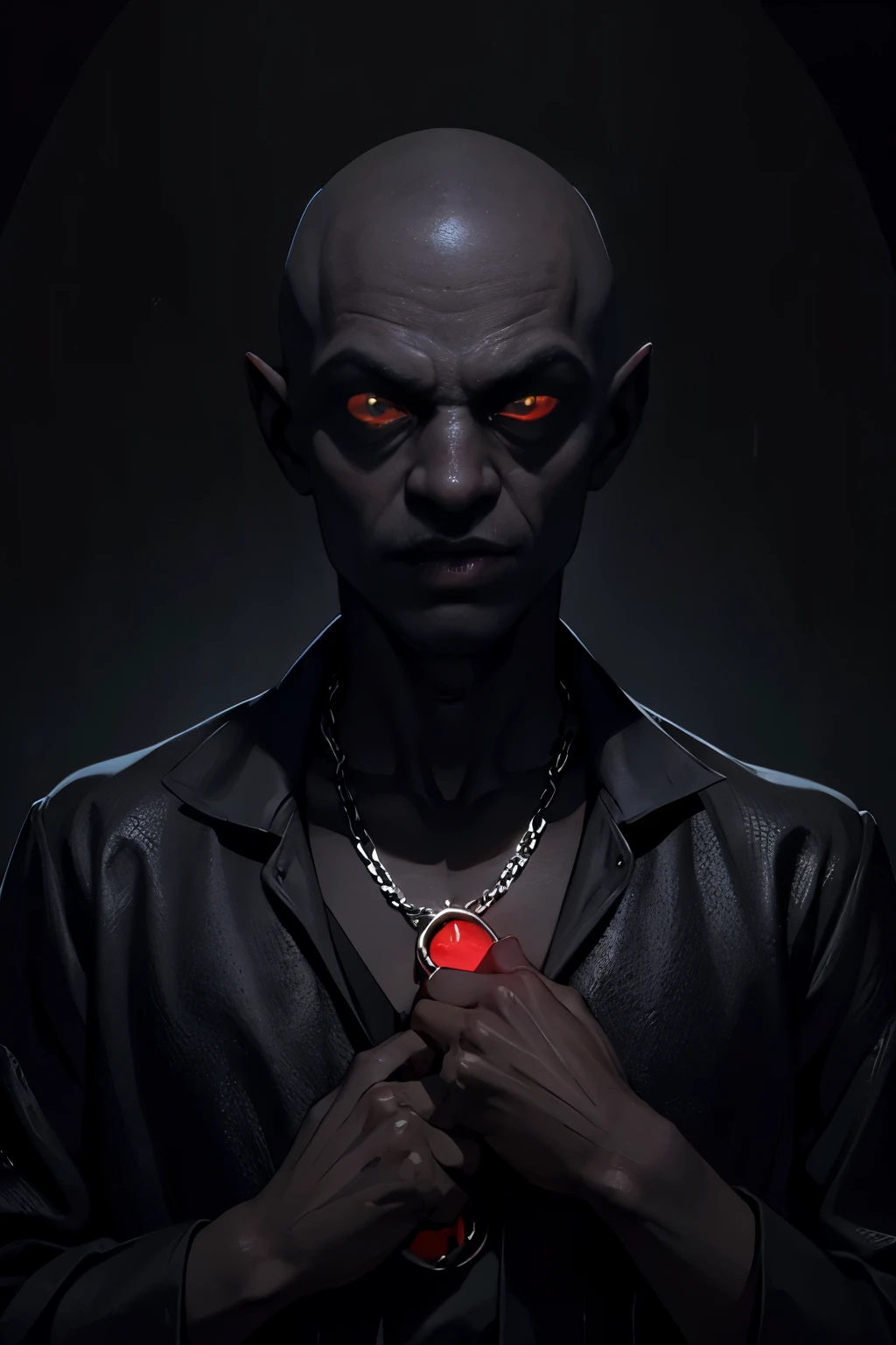 "(fechar potrait), tema sombrio, estilo moderno, (((1 homem de 30 anos))) wearing a black suit and black dress pants, atletico forte, with a serious expression, ((careca)), corpo. A cena se passa em uma biblioteca modernaa noite, com muitos livros em estantes, emphasizing pale skin and bright yellow eyes."