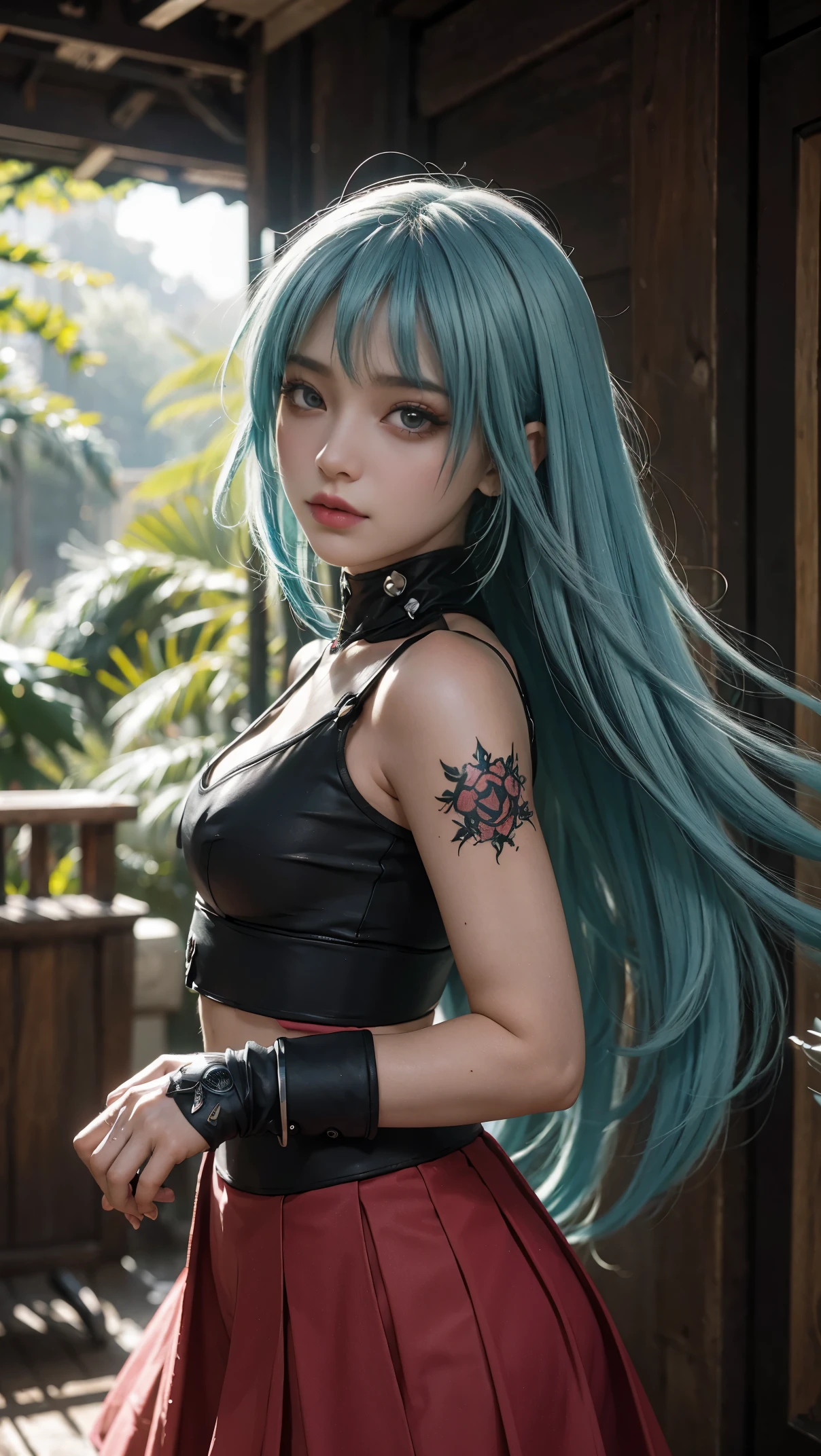 uma mulher com cabelo vermelho, mulher cyberpunk mulher anime, um lugar escuro, Deusa cyberpunk raivosa bonita, estilo de arte cyberpunk, arte digital de anime cyberpunk, arte de anime cyberpunk,, fotorrealismo, menina, Blossom, com cabelos ruivos, vestido vermelho, olhos azuis, brilhante, Florpunk, samuraipunk, iridescente, bioluminescente, tatuagempunk, Hyper - Detalhado Vibrant Cinematic Raking Light, atordoante, garota de cabelo vermelho, Subsurface scattering, garota de cabelo vermelho, cabelo vermelho, garota de cabelo vermelho, garota bonita, Ambient occlusion, chromatic aberration, 8k, Sozinha, gothic skirt, olhos azuis, girl in front of a mansion/floresta, garota com pose de modelo, usa fones de ouvido, Magic Air, Cabelo longo, aura magica, fantasmas, ela usa Saia plissada, Camisa preta, Interior ((Caustic)), dynamic angle, Lindo brilho detalhado, todo o corpo, luz neon, Pirotecnia, girl in front of a mansion/floresta, garota com pose de modelo, usa fones de ouvido, garota de cabelo mechas coloridas no cabelo. Luzes cintilantes em volta da garota, esfera cintilantes, uma garota na floresta, esfera de luz, magical aura Supernatural, hora Sobrenatural, magic aura magic