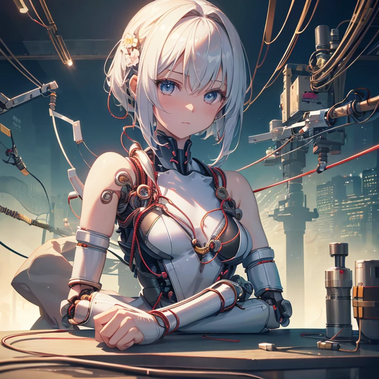 ((arms、Katana、armsを持つ))(((table top))), (((highest quality))), ((super detailed)), (High-definition CG illustration), ((very delicate and beautiful)),(Cute delicate face),cinematic light,((1 mechanical girl)),alone,,whole body,(mechanical joint:1.4),Expressionless,(Wires and cables attached to the head and body:1.5),small breasts,short hair,(character focus),SF、flower