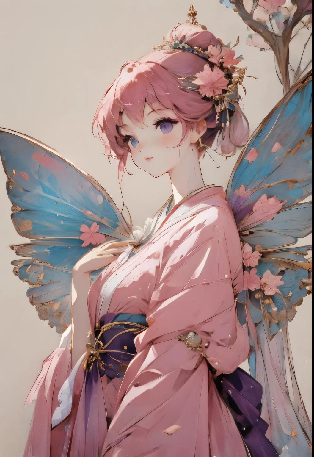 Butterfly sprites，extreme details, flawless, Aerial View, Like a work of art, Anime girl with butterfly wings, Pink hair and purple dress complement each other perfectly, Genshin Ayaka staring into the distance, Lead us into the world of Original God.look at the audience
