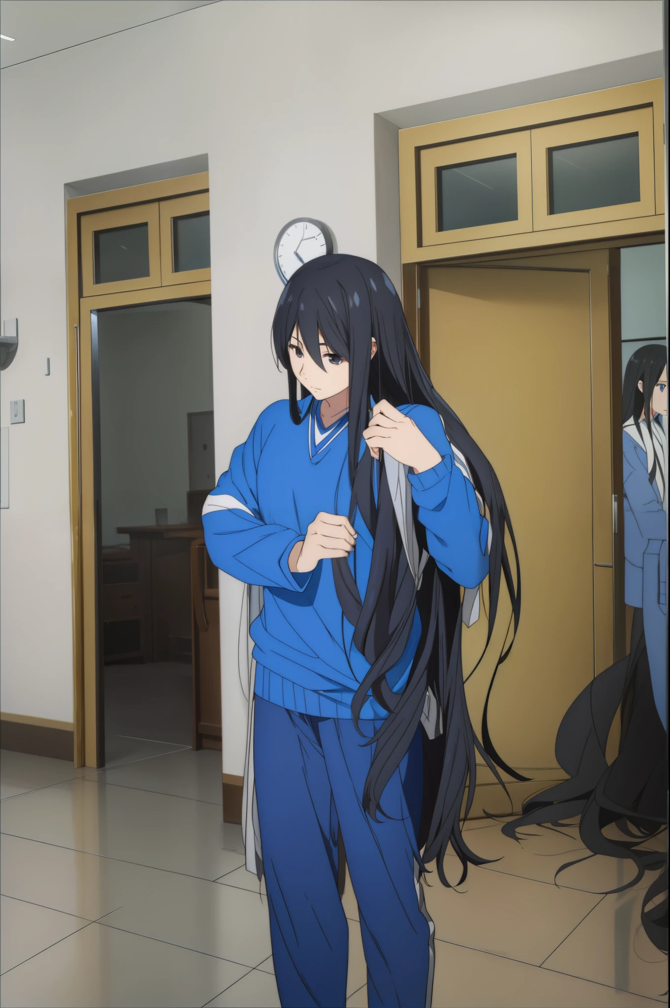 High school girl wearing blue sportswear and blue trousers combing her long hair, Hair is particularly long, extra long hair的女孩, 及腰long hair, very long black hair, extra long hair, long hair, Hair is long and messy, very long hair, long hair女孩, Hair is longer, This woman has long black hair, her hair is long and straight