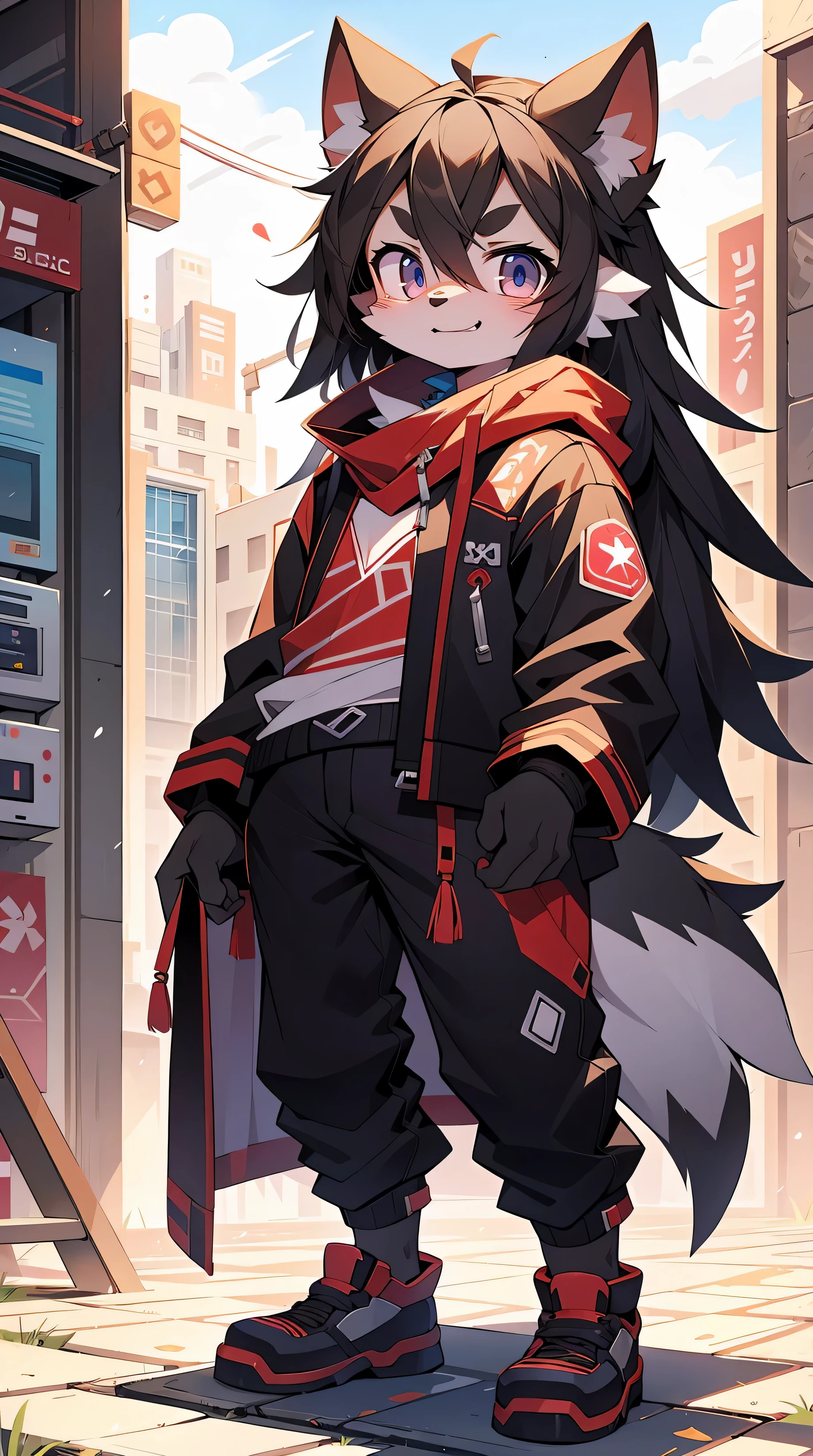 Wolf purple eyes, , long black hair, end, cool,red and black costume,with smile,Two small ears,White skin,Stand alone