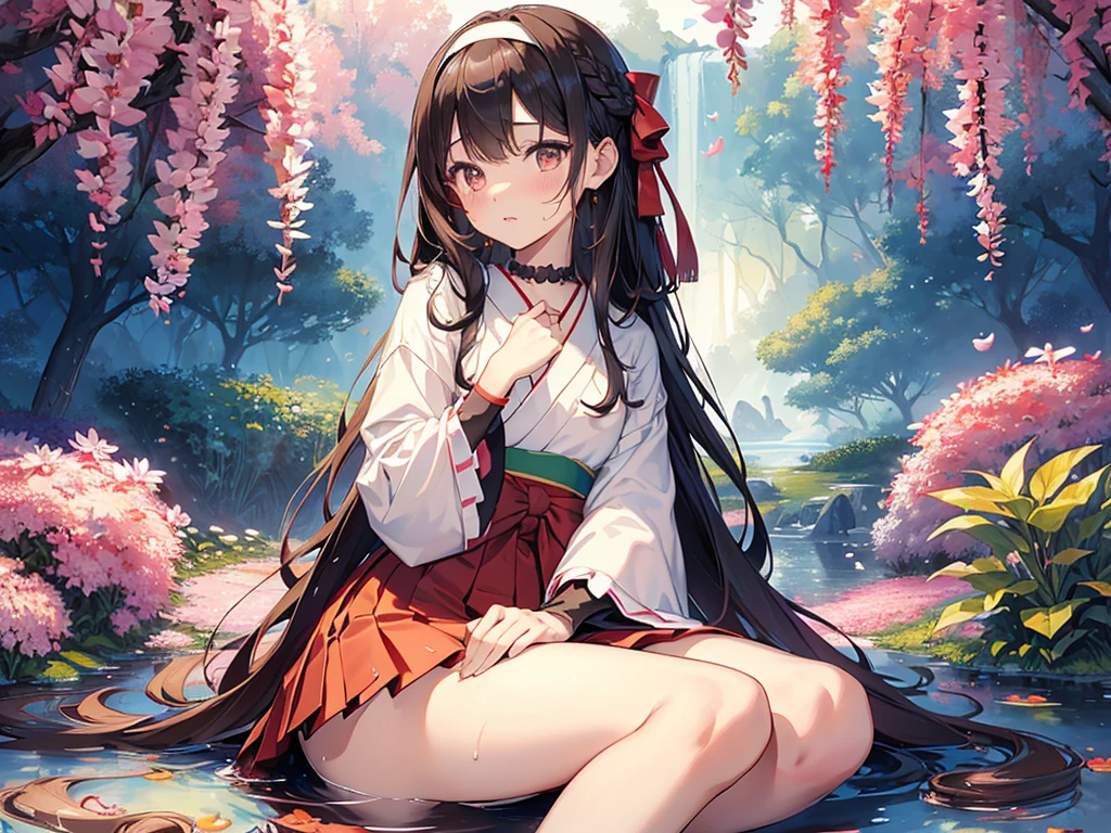 photo realistic, (masterpiece,best quality:1.4),(8k,raw photo,photo realistic:1.2), detailed skin, detailed face, ((1girl)),Japanese idol, cute face, little girl, Not Safe for Work, (raw photo, photo realistic: 1.2), ALL Nudi-ty, nudi, (((NO panties))),nipp-les, Open twat, anus, went, (((hair of pubis, Not safe for work))), pubisure, RED frilled japanese clothes, RED frilled hakama short skirt, frilled, White frilled legwear, ankle boots, frilled choker, amulet, wrist cuffs, sash, frilled reg garter, (((No cloth))), ((long hair)), light brown hair, braid, brown eyes, straight hair, little girl, 12years old, petite, cute, happy, medium breasts, small nipp-les, (((sitting spread legs))), kanzashi, (hairband), heart shaped pupils, medium bob,((puss juice, Sweat, Sweatdrop)), (((spread puss,Not Safe for Work))), (((ure-thra))), urinates, anus, yumekawa,yumekawaii,pastel color,(wonderland garden:1.3),rainbow waterfall,dripping ink,imagination,(Castle:1.4),