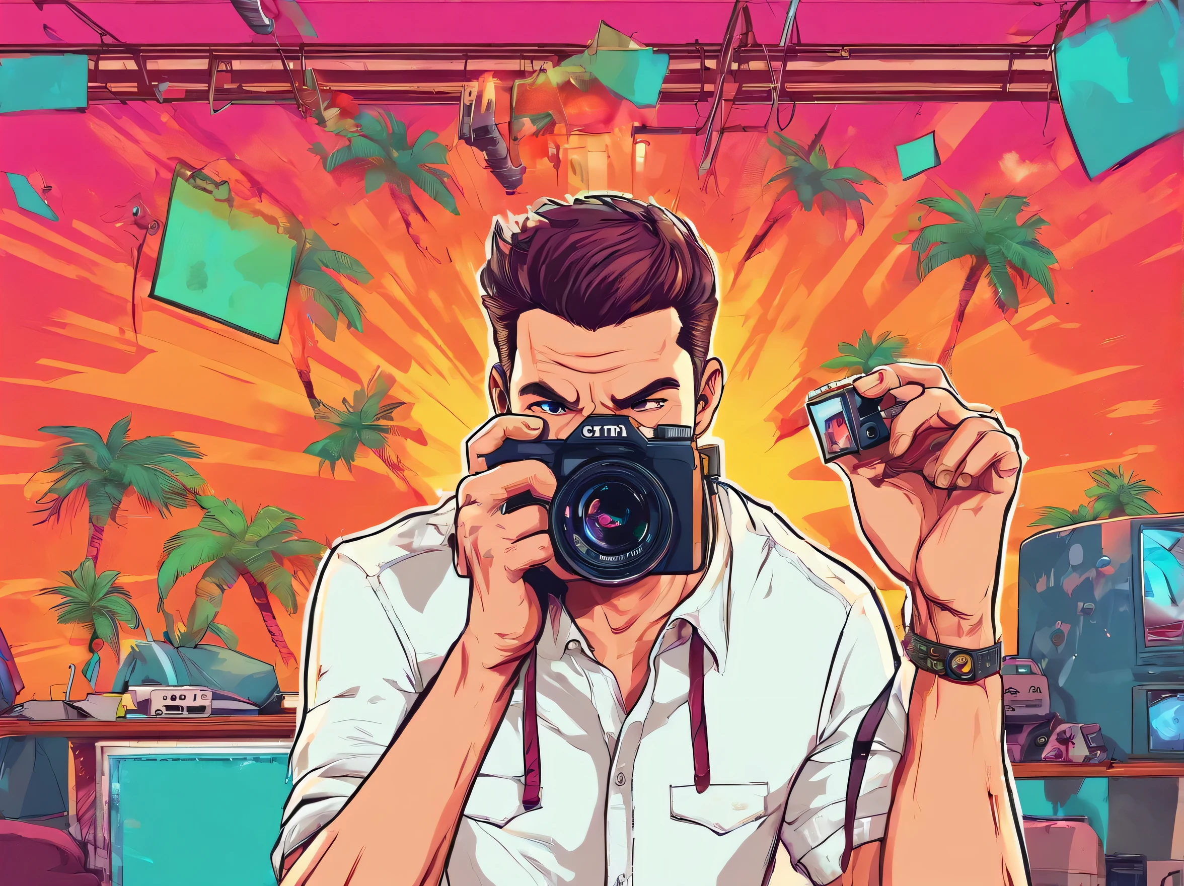 a young man Wear a white shirt Taking pictures with a camera, in a studio in the background, hi detail