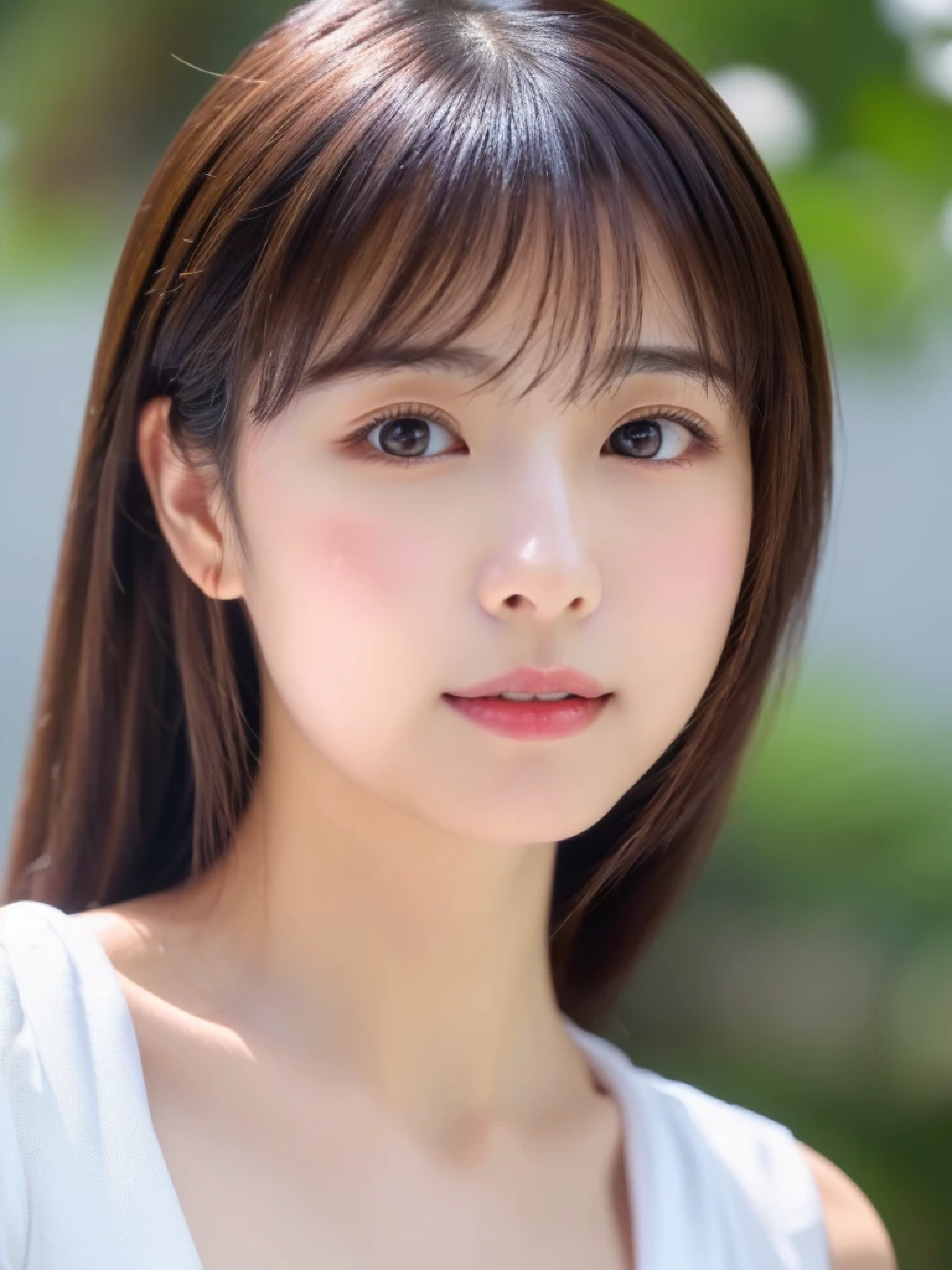 ((cute日本の女の子、beautiful japanese girl、1 girl、clear、19 years old、ponytail、Highly detailed face and skin texture、refinement、super detailed face、highly detailed eyes、Lee Hong、blush、cheek、ピンクのcheekを塗ったcheek、close-up of woman、 from the neck up、 Close to the camera、 positive face、Forward-facing body、look at the camera、front、cute、smooth white skin、Transparent skin texture、))、(dark brown hair、bangs)、beautiful woman with perfect style：1.4、japanese model、young gravure idol、若いcuteグラビアアイドル、Realistic young gravure idol、refinementされたグラビアアイドル、((highest quality、8K、masterpiece:1.3、１photograph))、(4K、RAWphotograph、highest quality)、(realistic、フォトrealistic:1.37)、Place someone on the other side of the screen、Natural light、professional lighting、F cup、big breasts、big breasts、Beautiful and well-shaped breasts、