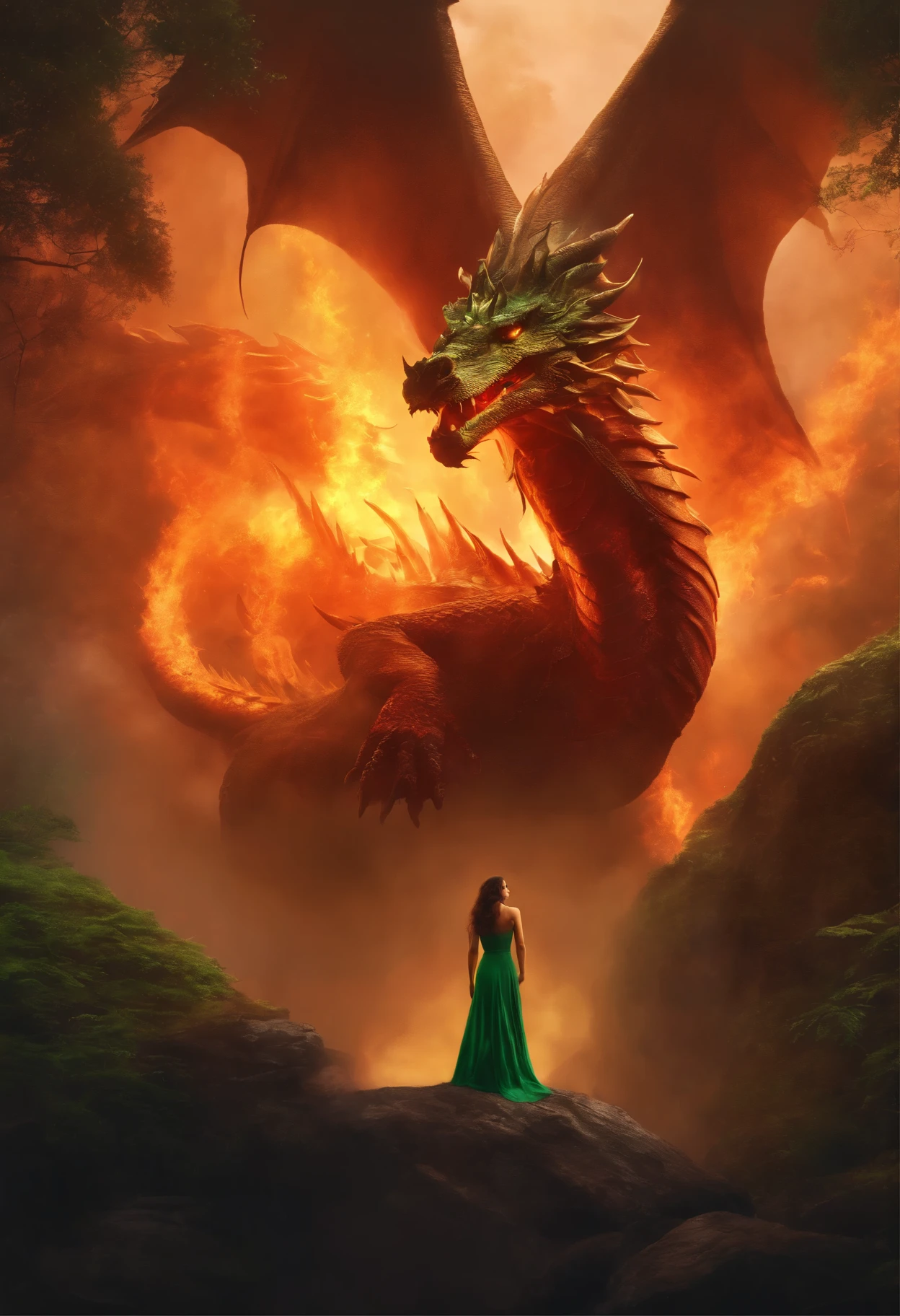 Painting of a woman with brown curls in a green dress, standing under a huge dragon on a rock-ledge in fire, Goddess of Fire, wonderful fiery mood, dreamlike digital painting, Magical colors and atmosphere, lost in a dreamy fairy landscape, Magical colors and atmosphere, Fiery light, moody foggy fantasy art, Standing in a mystical forest, Fantasy digital painting, dragon calm, Dreamy scene, Mystical scene, fire empress