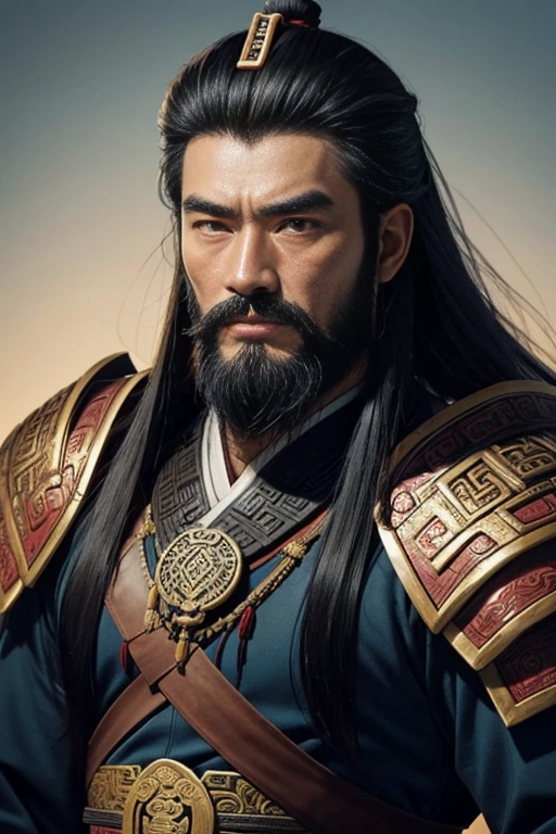 ancient chinese general, tall and broad man, long face，dark mane hair,bearded,wearing chinese armor