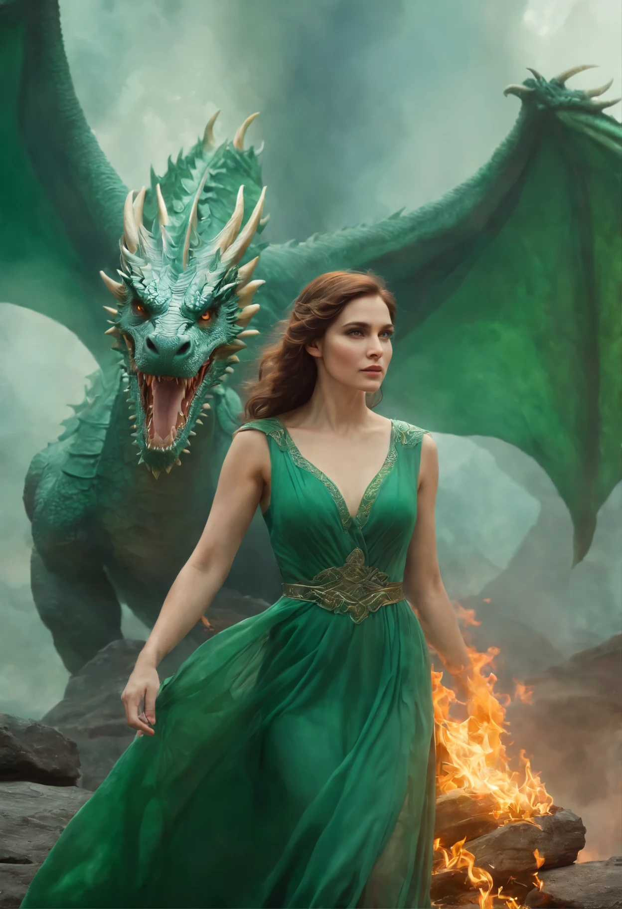 Painting of a woman with brown curls in a green dress, standing under a huge dragon on a rock-ledge in fire, Goddess of Fire, wonderful fiery mood, dreamlike digital painting, Magical colors and atmosphere, lost in a dreamy fairy landscape, Magical colors and atmosphere,  Fiery light, moody foggy fantasy art, Standing in a mystical forest, Fantasy digital painting, dragon calm, Dreamy scene, Mystical scene, fire empress