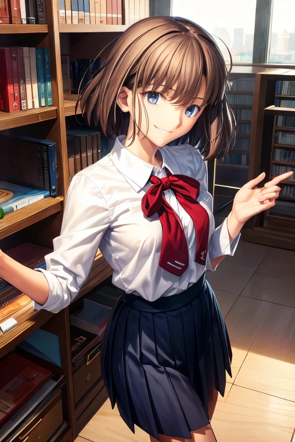 school uniform,lift up skirt,cute face,smiling,short hair,saddlebrown hair,dodgerblue eyes,library,anime style,masterpiece, extremely fine and beautiful,japanese