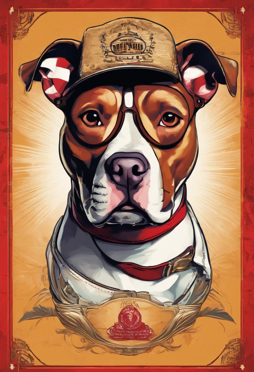 Esqueleto de PitBull, he wears a red bandana around his neck, Fashion glasses, famous brand cap, cartazes, planfetos, adesivos, propaganda, revista.