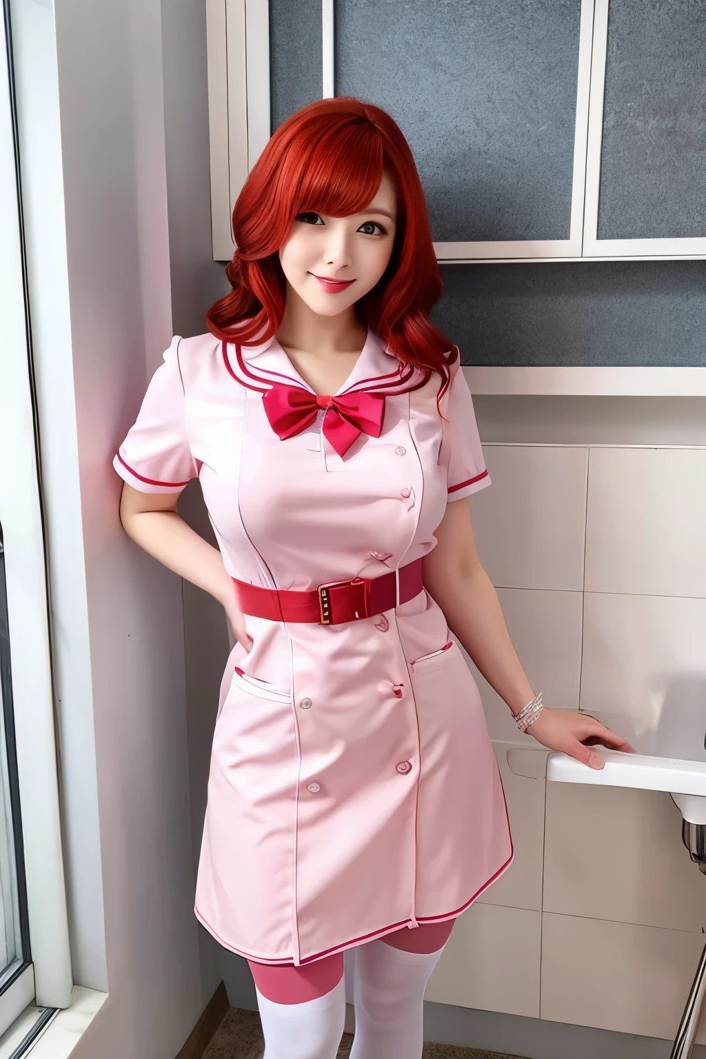 chris、25 years old、Redhead shortcuts、Pink nurse's uniform、white stockings、clipboard tall、big breasts、beautiful woman