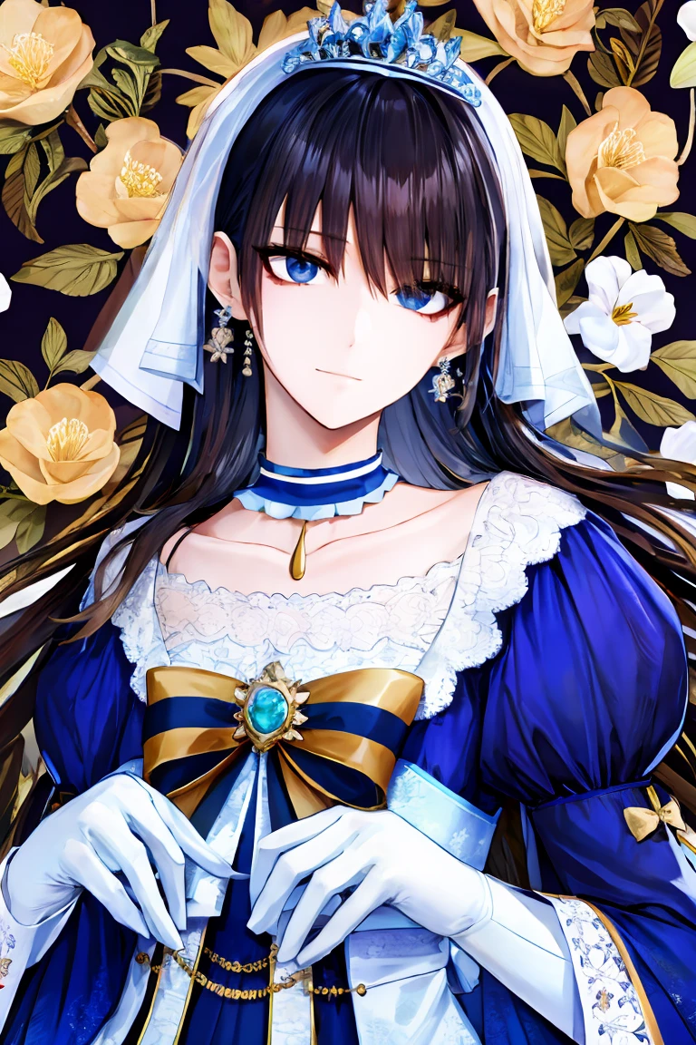 shoujo-style, jk style, (floral background), romance manhwa, (nanami), 1girl, solo, long hair, flower, dress, tiara, white dress, gloves, long sleeves, choker, mascara, makeup, white gloves, black bow, black flower, bow, jewelry, looking at viewer, collarbone, puffy sleeves, silver accessories, upper body, bangs, blue dress, frills, closed mouth, detailed eyes