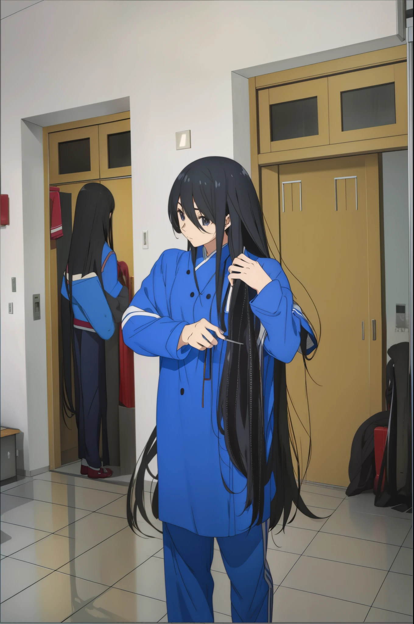 High school girl in blue sportswear combing her long hair with a comb, There is only one female high school student in the picture, Hair is particularly long, extra long hair的女孩, 及腰long hair, very long black hair, extra long hair, long hair, Hair is long and messy, very long hair, long hair女孩, Hair is longer, This woman has long black hair, her hair is long and straight