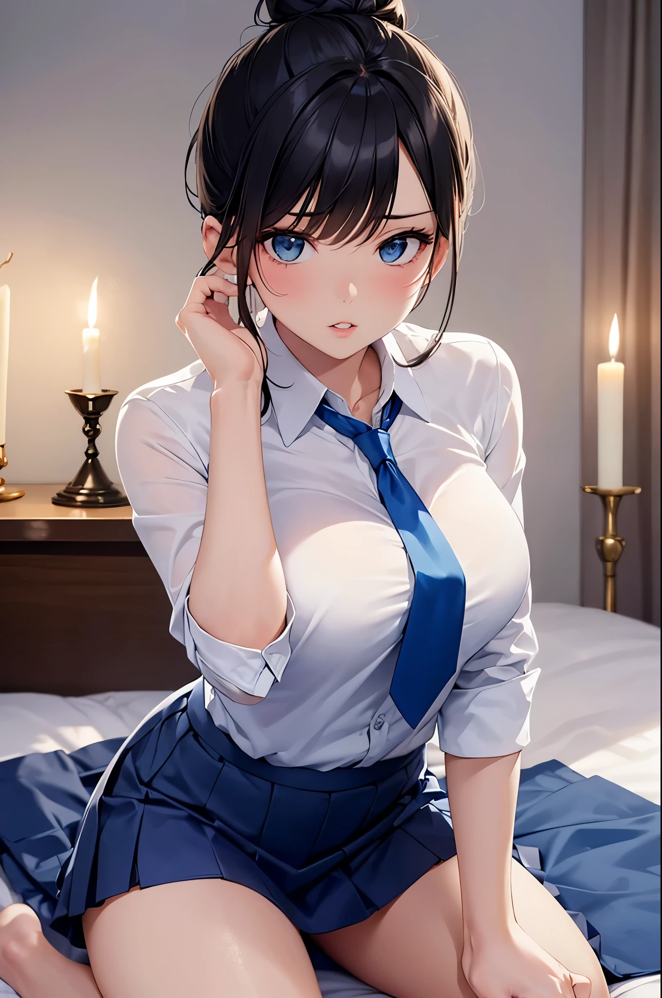 Sexy woman, seductive gaze, parted lips, white shirt, blue tie and skirt, kneeling down on bed, tying her hair in a bun, night time, candles lit