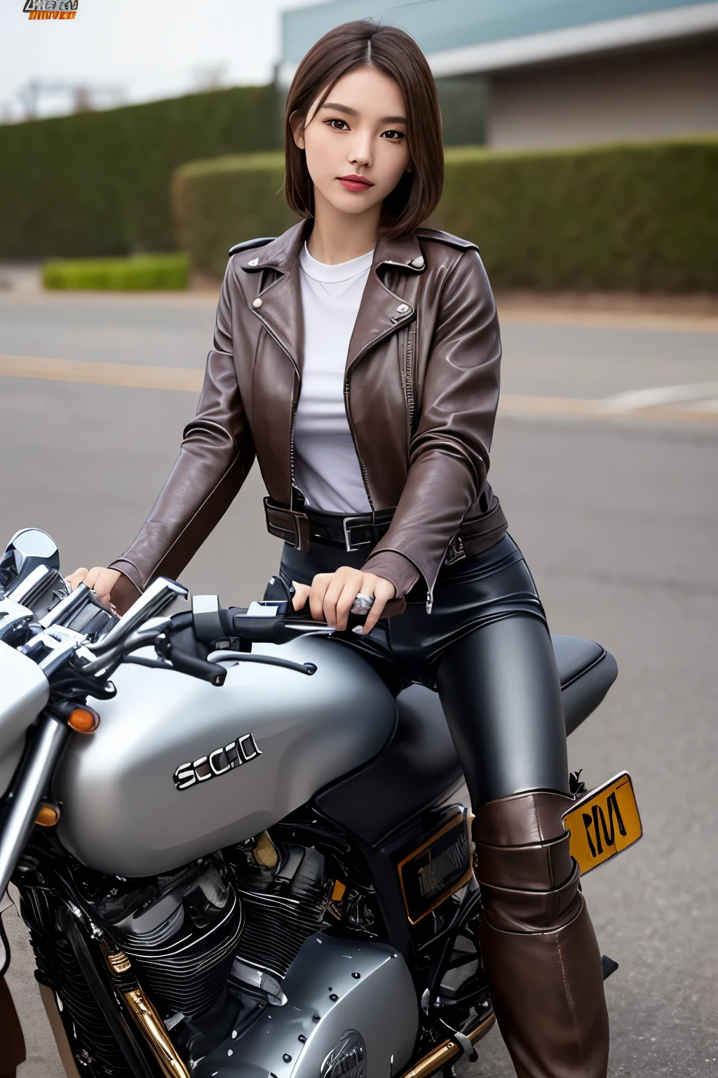((best quality)), ((masterpiece)), ((perfect face))、Detailed and clear photos、One slim rider woman、(((brown leather jacket, leather pants and long boots)))、(((Riding a detailed sci-fi metallic motorcycle)))