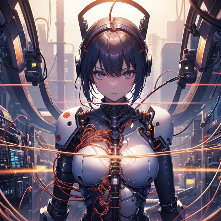 (((Cyber World))), (((highest quality))), ((super detailed)), (High-definition CG illustration), ((very delicate and beautiful)), ((arms、Katana、armsを持つ))cinematic light,((1 mechanical girl)),alone, ,whole body,(mechanical joint:1.4),Expressionless,(Wires and cables attached to the head and body:1.5),small breasts,short hair,(character focus),SF、flower