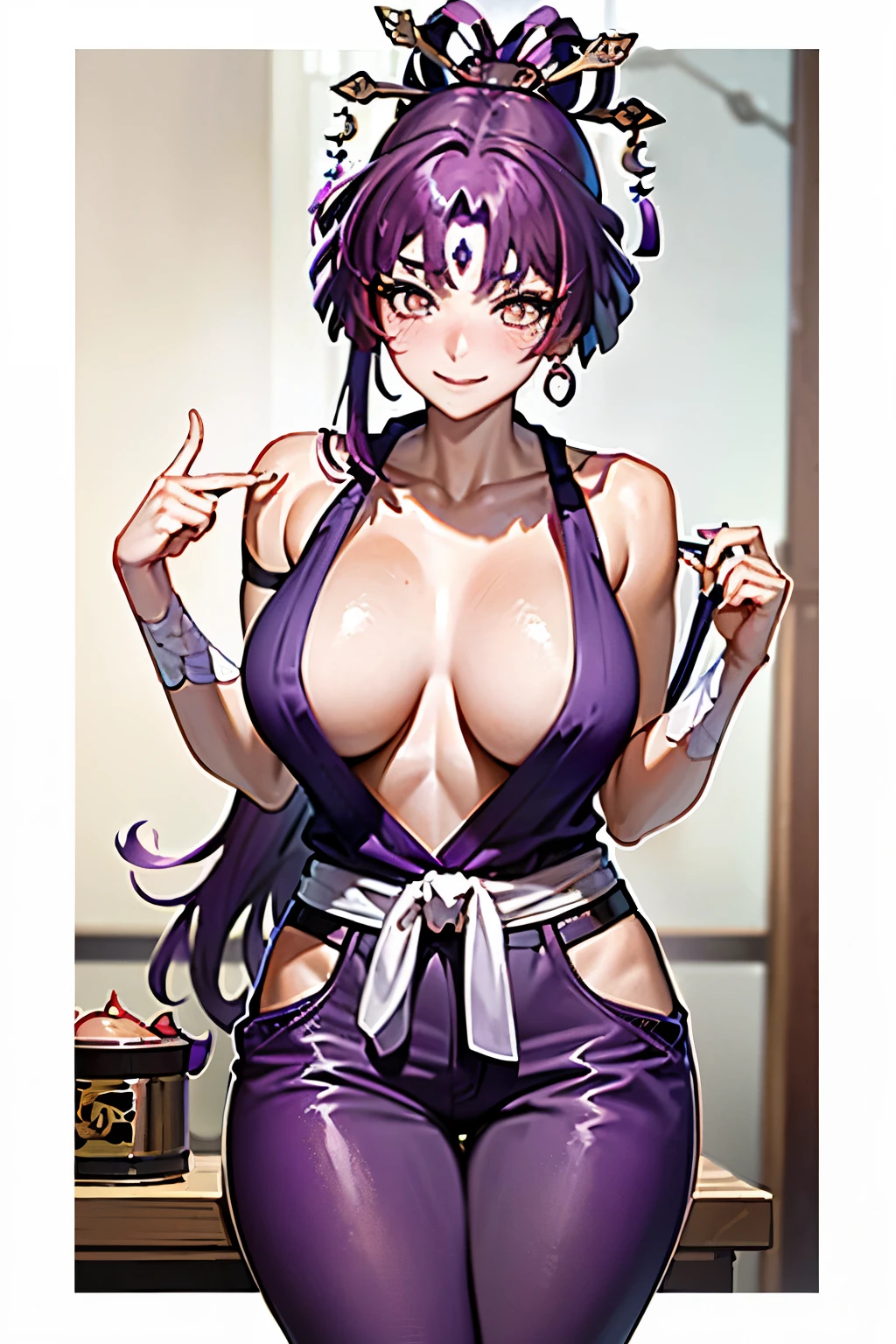 best quality, masterpiece, (leaning over:1.4),
1girl, yuzuriha_(jigokuraku), purple hair, brown eyes, ninja, open clothes, cleavage, small breasts, topknot, medium hair, breasts apart, seductive smile, pants, undressing, (blush:1.1), japanese exterior, temple,