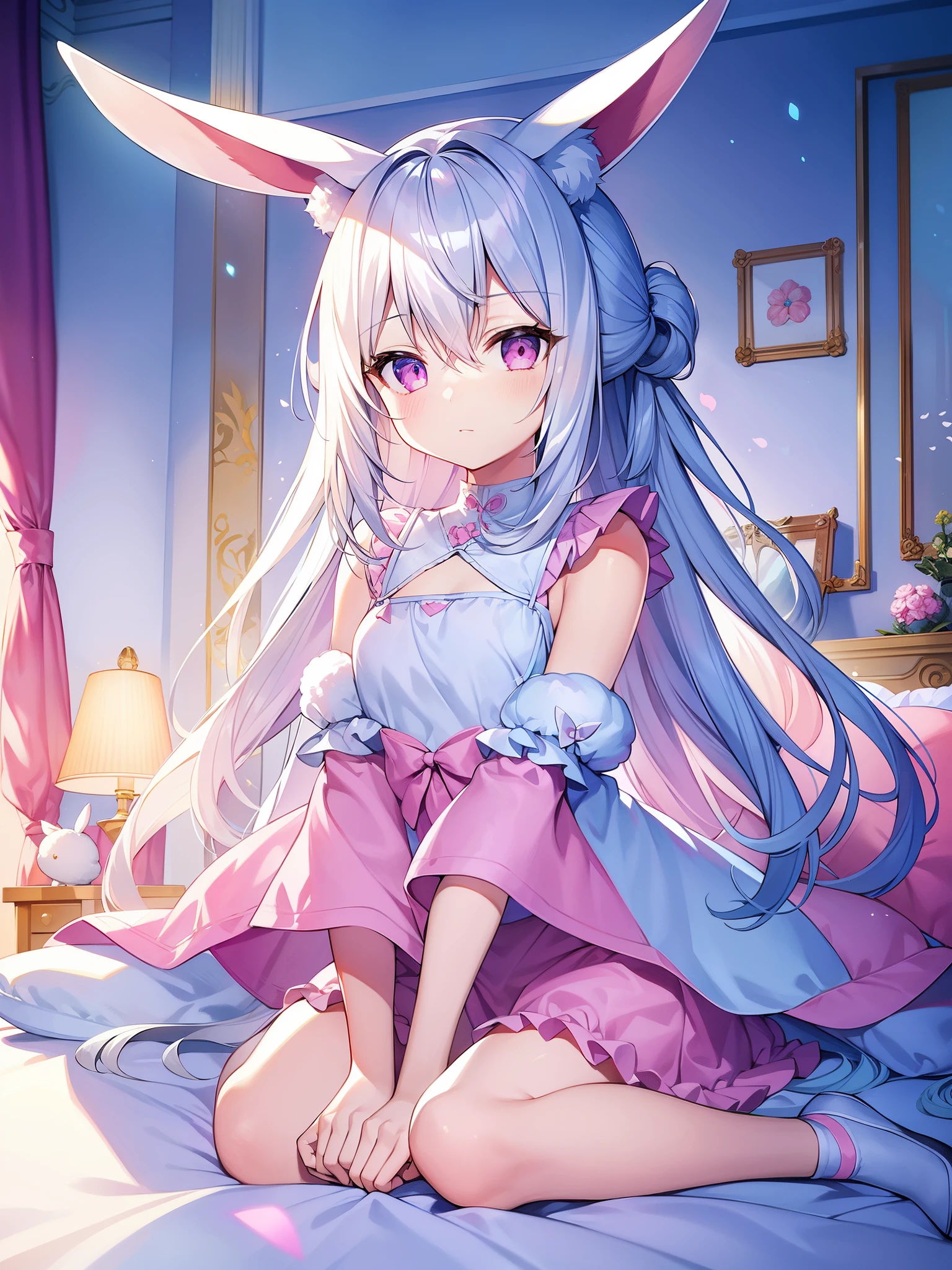 beautiful illustrations、highest quality、pretty girl、Bedroom、pastel colour、fluffy rabbit ears、ite、long silver hair、rabbit stuffed、bright lighting、light pink eyes