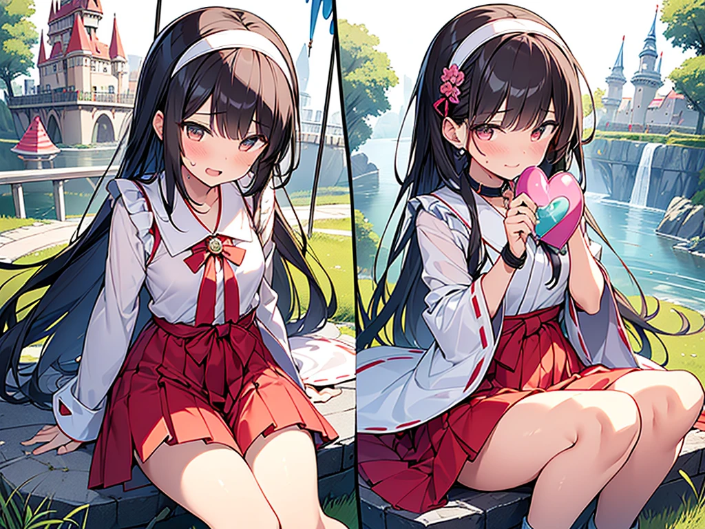 photo realistic, (masterpiece,best quality:1.4),(8k,raw photo,photo realistic:1.2), detailed skin, detailed face, ((1girl)),Japanese idol, cute face, little girl, Not Safe for Work, (raw photo, photo realistic: 1.2), ALL Nudi-ty, nudi, (((NO panties))),nipp-les, Open twat, anus, went, (((hair of pubis, Not safe for work))), pubisure, (RED frilled japanese clothes), ((RED frilled hakama short skirt)), frilled, White frilled legwear, ankle boots, frilled choker, amulet, wrist cuffs, sash, frilled reg garter, (((No cloth))), cape, (((Holding a cute magic wand))), heart ring, ((long hair)), light brown hair, braid, brown eyes, straight hair, little girl, 12years old, petite, cute, happy, medium breasts, small nipp-les, (((sitting spread legs))), kanzashi, (hairband), (((transparent fake phallus fuck,Not for safe work))), heart shaped pupils, medium bob,((puss juice, Sweat, Sweatdrop)), (((spread puss,Not Safe for Work))), (((ure-thra))), ((uterus)), ((clitoris)), urinates, anus, yumekawa,yumekawaii,pastel color,(wonderland garden:1.3),rainbow, imagination,(no gravity, floating Castle:1.4),heart background, beam of light, glittering ball of light, (water-color),((Multicolored lights)), (Design sheet:1.3), (multi-angle and detailed view:1.3),