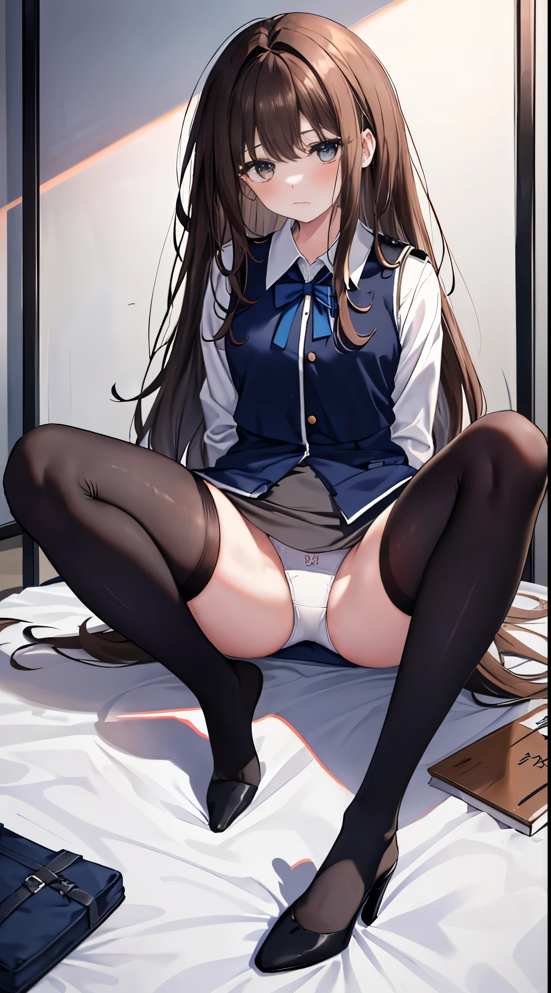 finest, masterpiece, High resolution, (Full body view from head to toe), front, frontやや下からの構図, Symmetrical, 18 year old girl, alone, (whole body from head to toe), small breasts, brown hair, slightly messy hair, long hair, bangs, (black tights), ( (black pantyhose), black pantyhose, (squating pose), (bondage), (spread legs), (tie one&#39;s hands behind one&#39;s back), (Her legs are spread and her white panties are visible between her legs.), composition show me your white panties, slender beautiful legs, とても美しい18 year old girl, (navy high heels), blush, shy big eyes, messy hair, looking at camera, show me your white panties, Hide your arms behind your back, dark blue office lady uniform, Dark blue pencil skirt, navy blue vest, beige cardigan